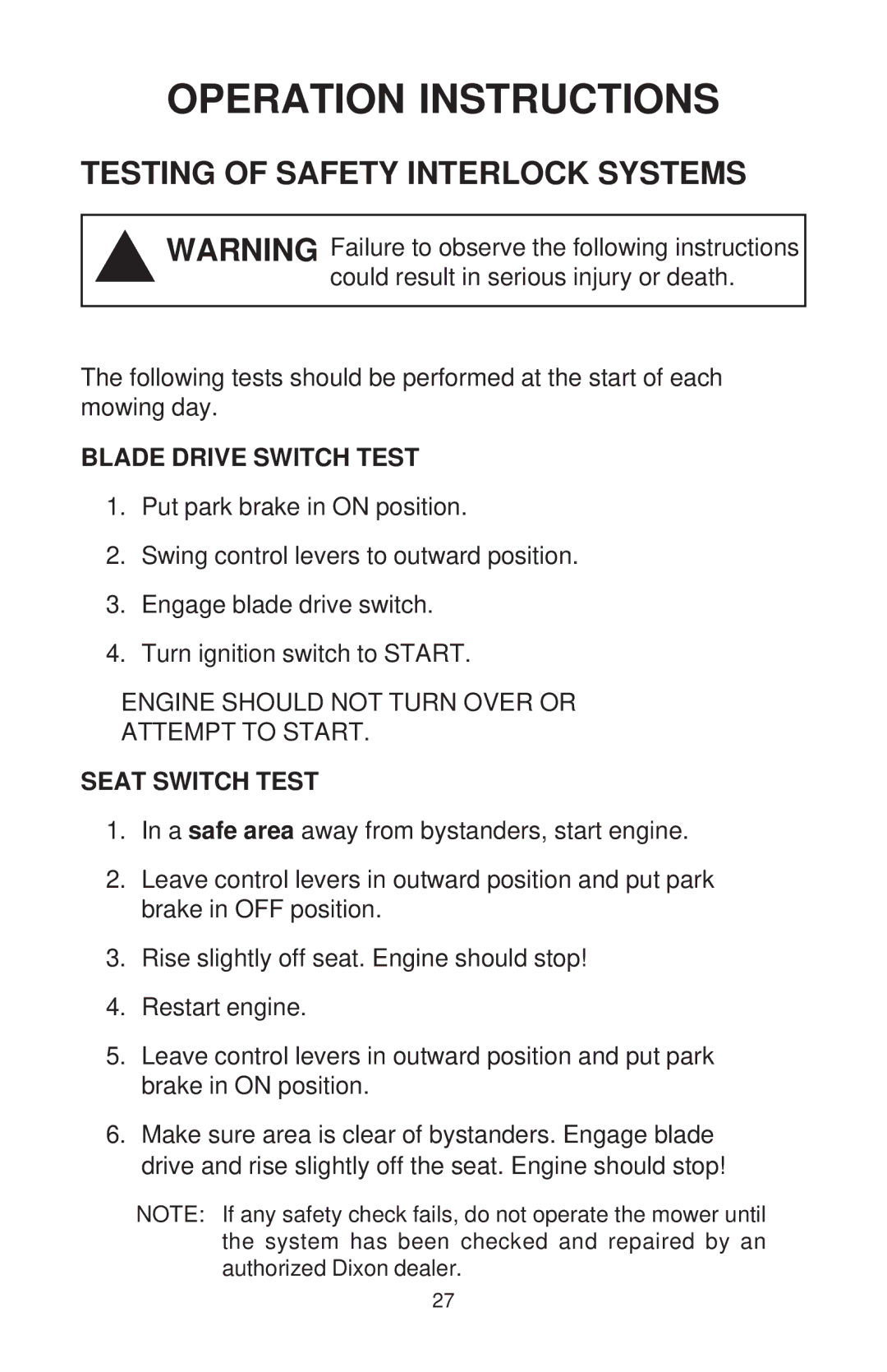 Dixon ZTR 44/968999538 manual Blade Drive Switch Test 