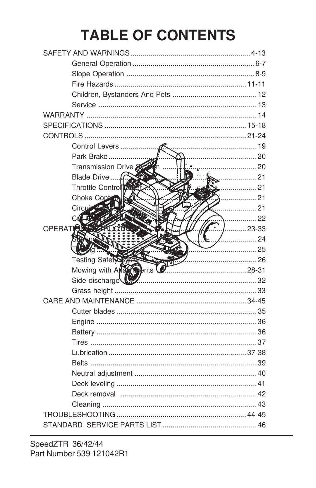 Dixon ZTR 44/968999538 manual Table of Contents 