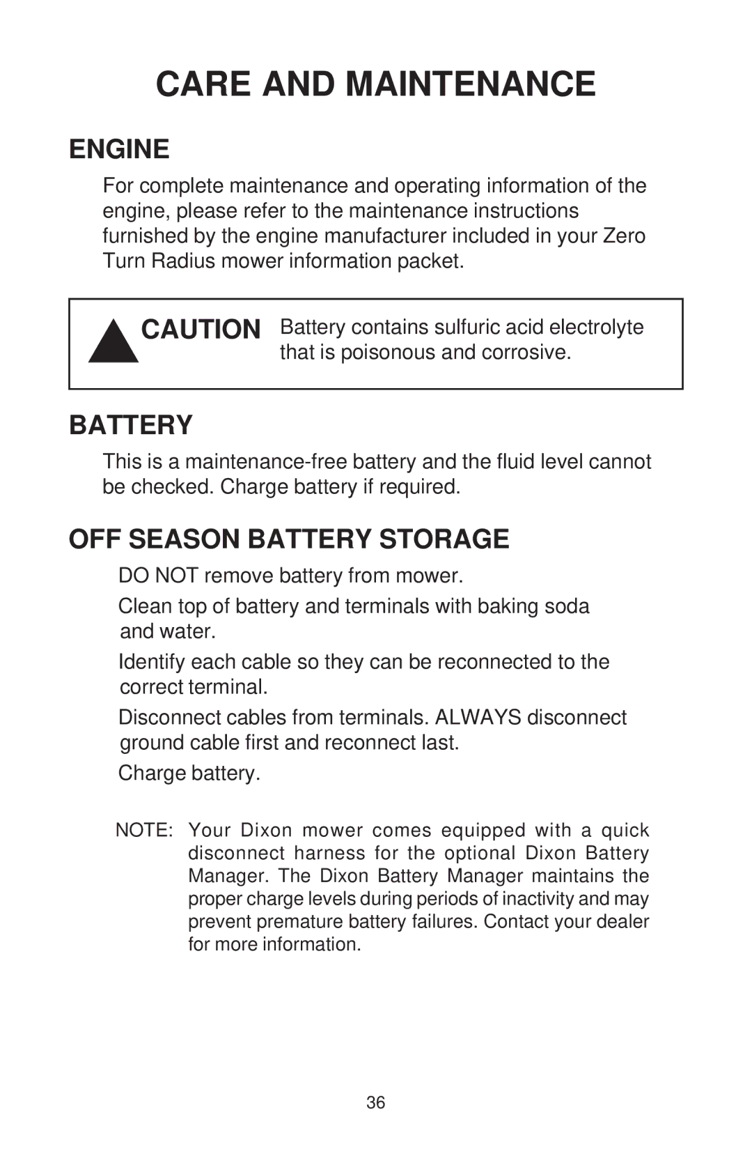 Dixon ZTR 44/968999538 manual Engine, OFF Season Battery Storage 