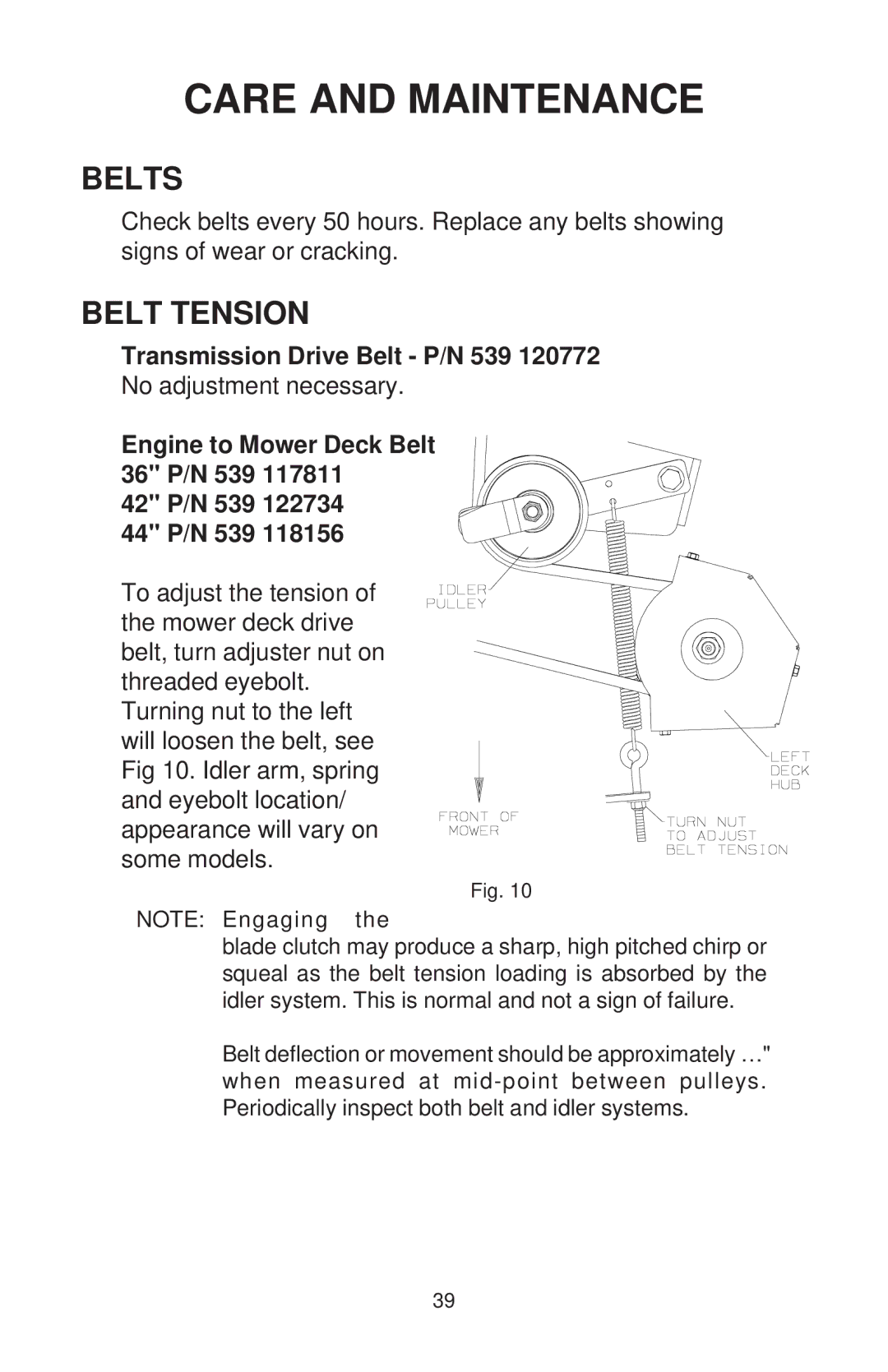 Dixon ZTR 44/968999538 manual Belts, Belt Tension 