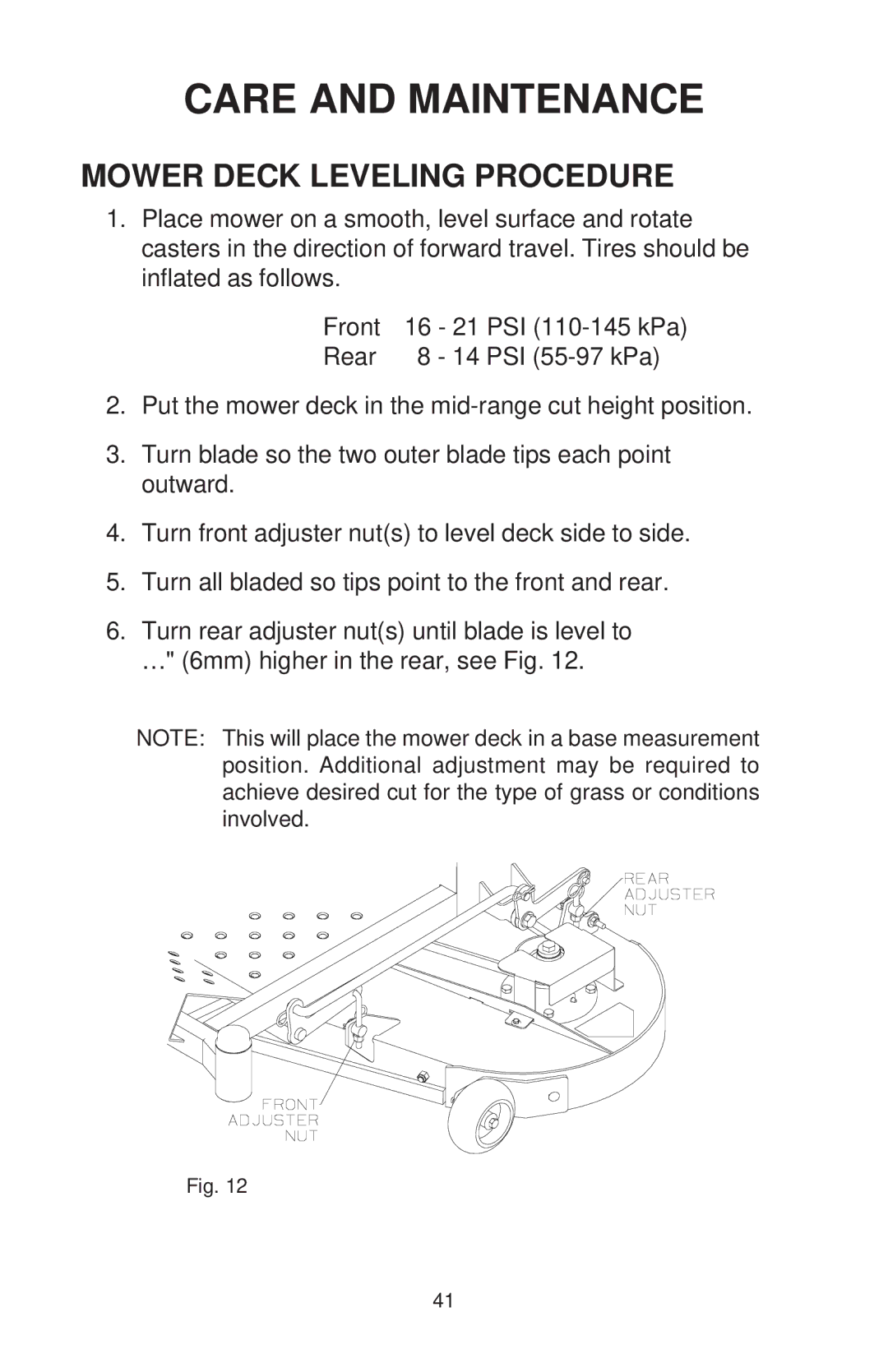 Dixon ZTR 44/968999538 manual Mower Deck Leveling Procedure 