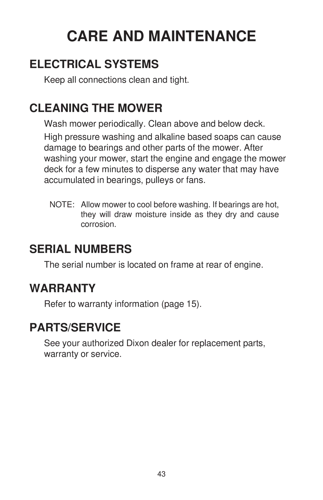 Dixon ZTR 44/968999538 manual Electrical Systems, Cleaning the Mower, Serial Numbers, Warranty, Parts/Service 