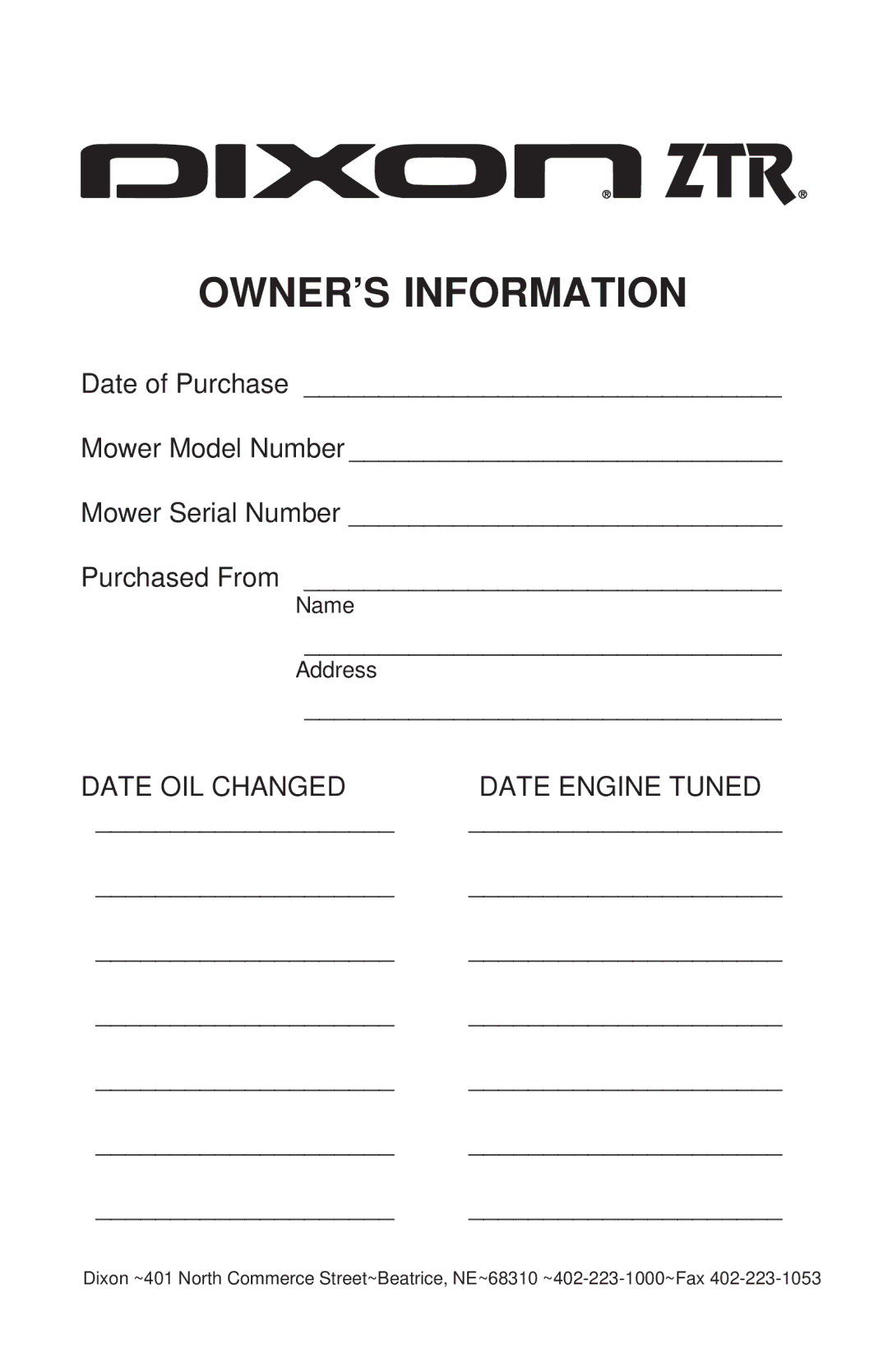 Dixon ZTR 44/968999538 manual OWNER’S Information, Date Engine Tuned 