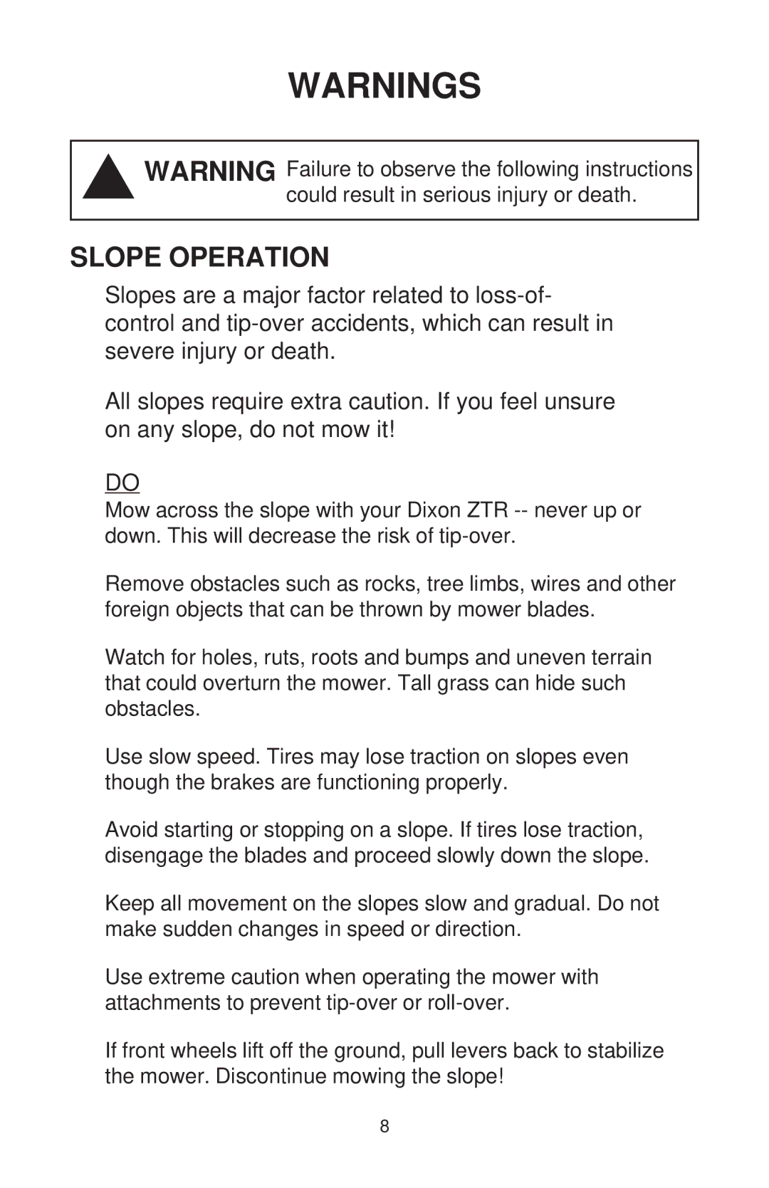 Dixon ZTR 44/968999538 manual Slope Operation 