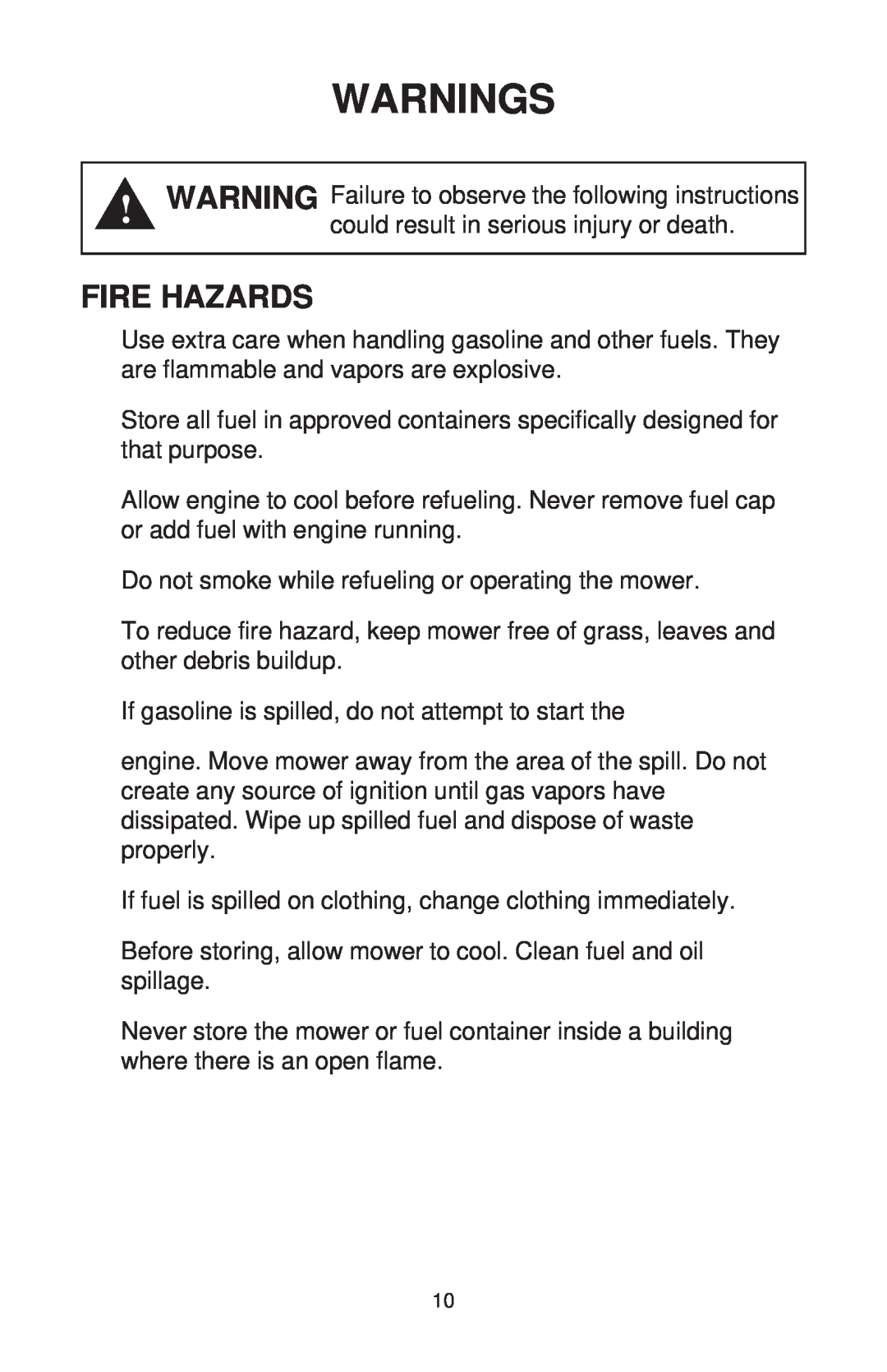 Dixon ZTR 44/968999538 manual Fire Hazards, Warnings 