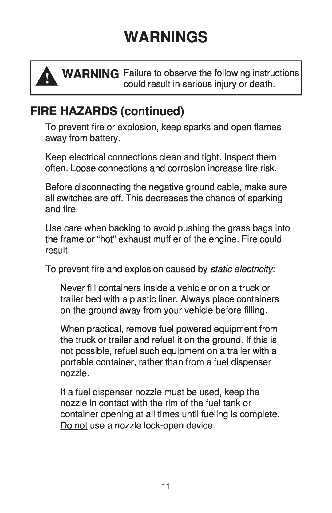 Dixon ZTR 44/968999538 manual FIRE HAZARDS continued, Warnings 