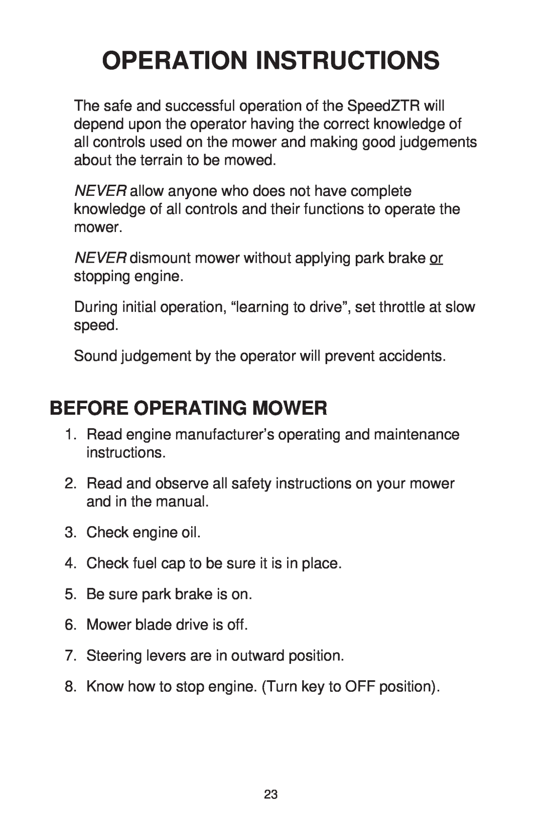 Dixon ZTR 44/968999538 manual Operation Instructions, Before Operating Mower 
