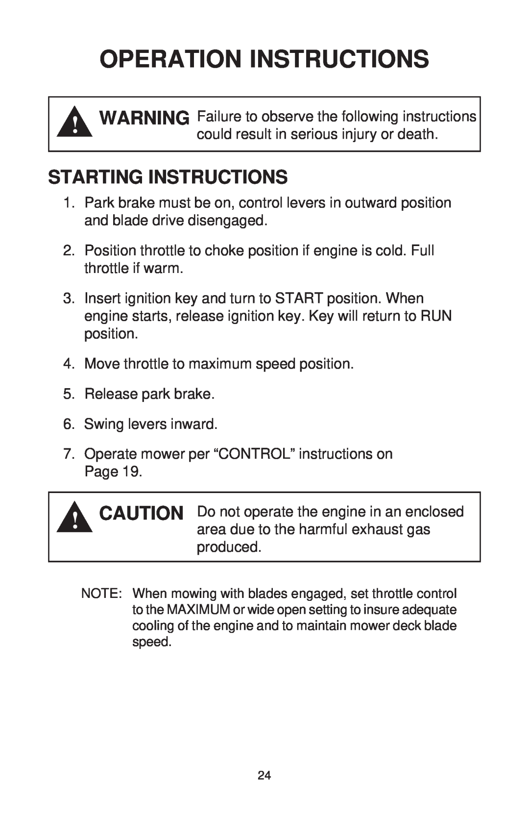 Dixon ZTR 44/968999538 manual Starting Instructions, Operation Instructions 