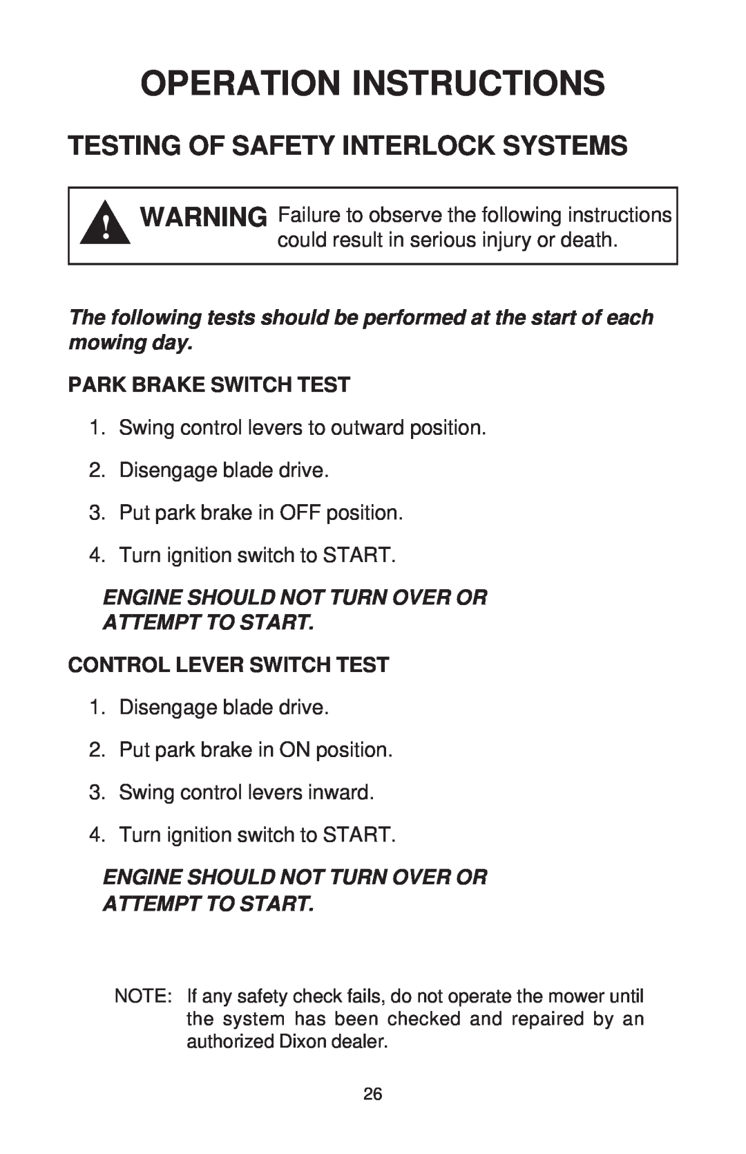 Dixon ZTR 44/968999538 manual Testing Of Safety Interlock Systems, Operation Instructions, Park Brake Switch Test 
