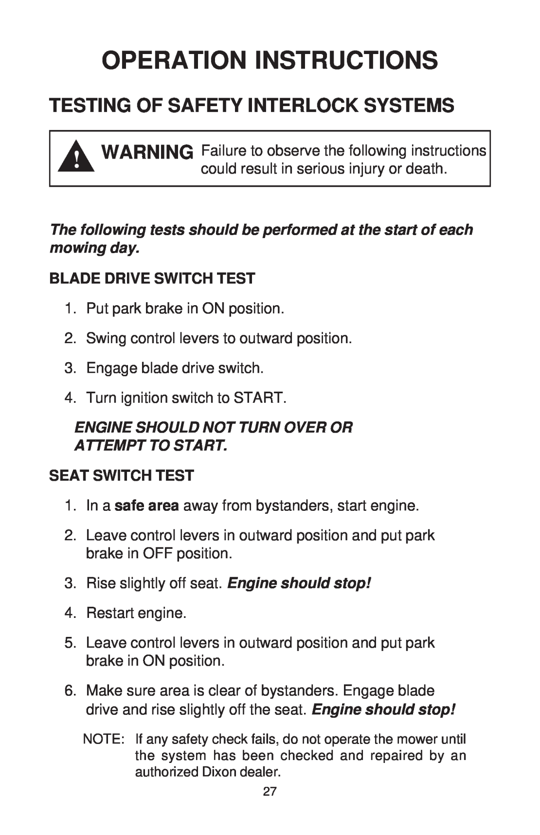 Dixon ZTR 44/968999538 manual Operation Instructions, Testing Of Safety Interlock Systems, Blade Drive Switch Test 