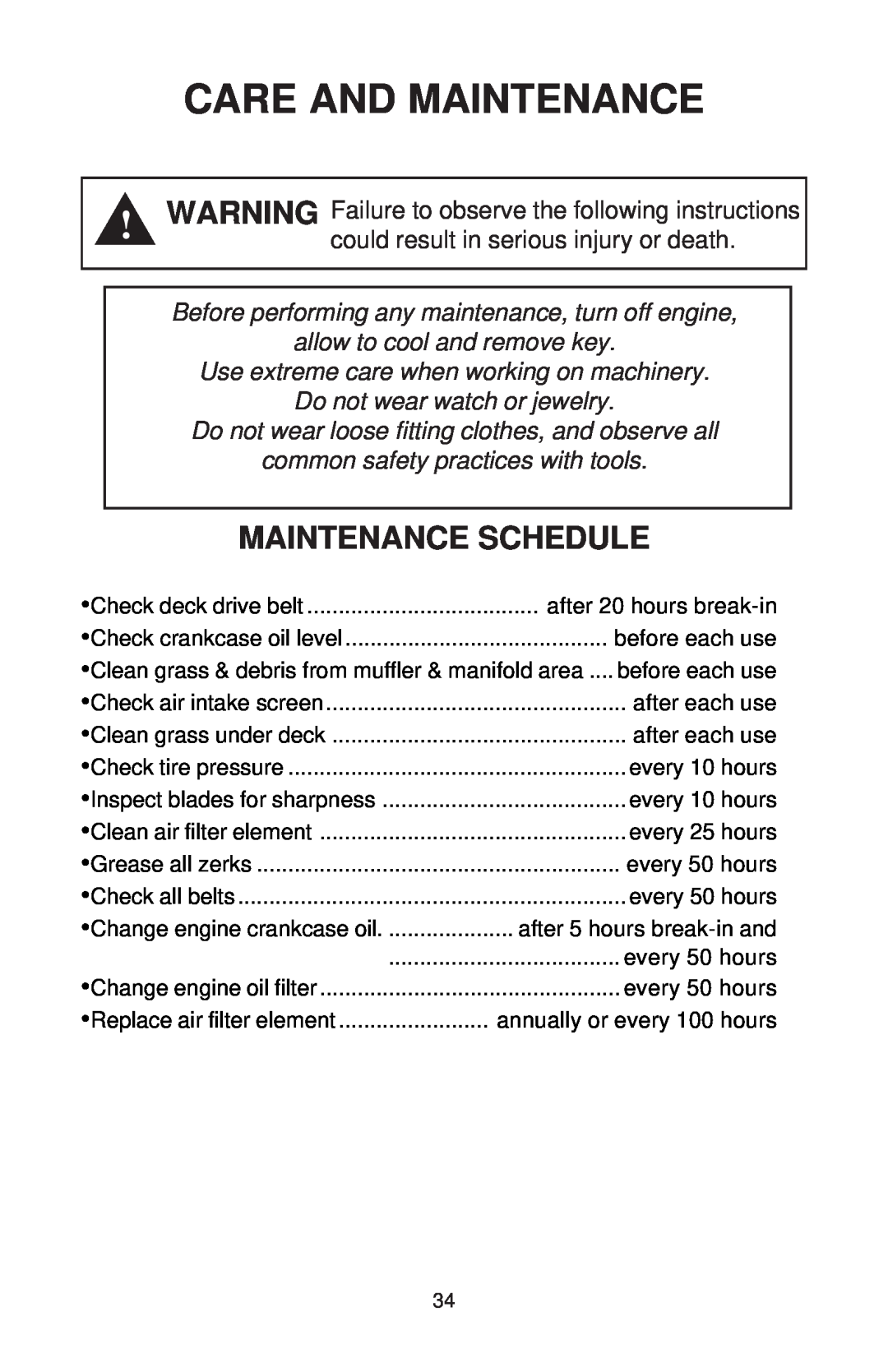 Dixon ZTR 44/968999538 manual Care And Maintenance, Maintenance Schedule 