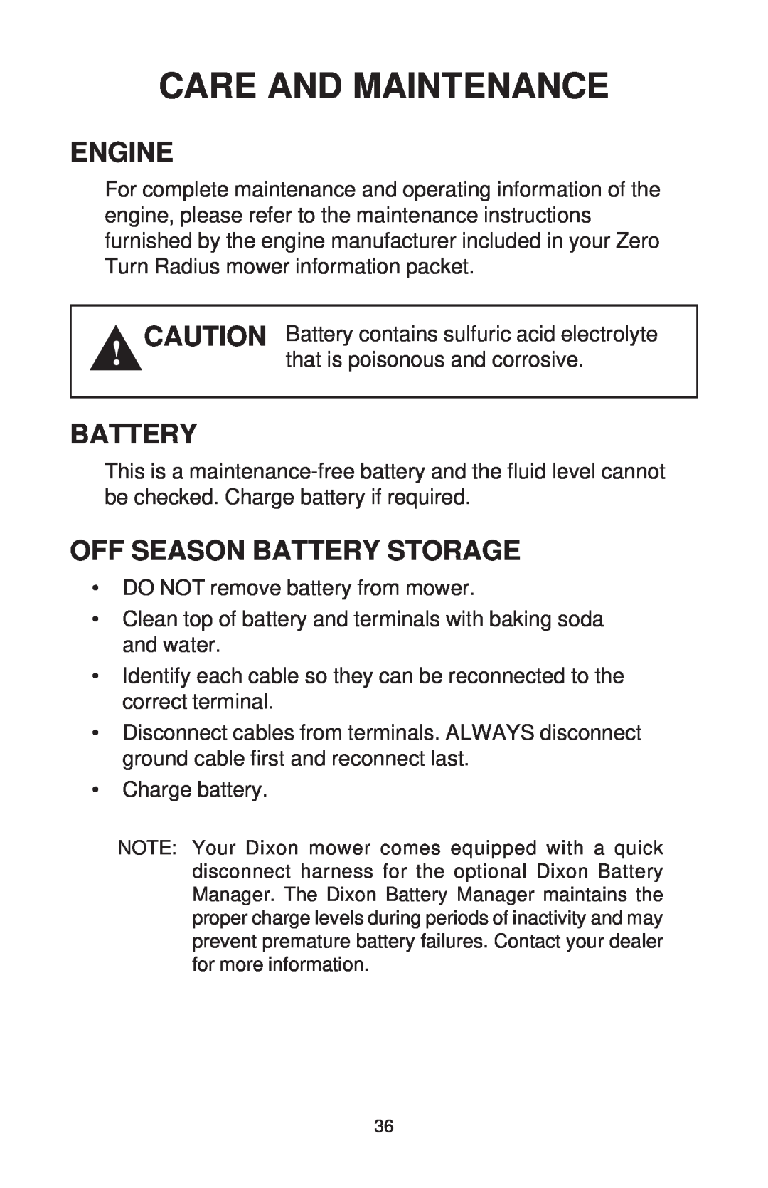 Dixon ZTR 44/968999538 manual Engine, Off Season Battery Storage, Care And Maintenance 