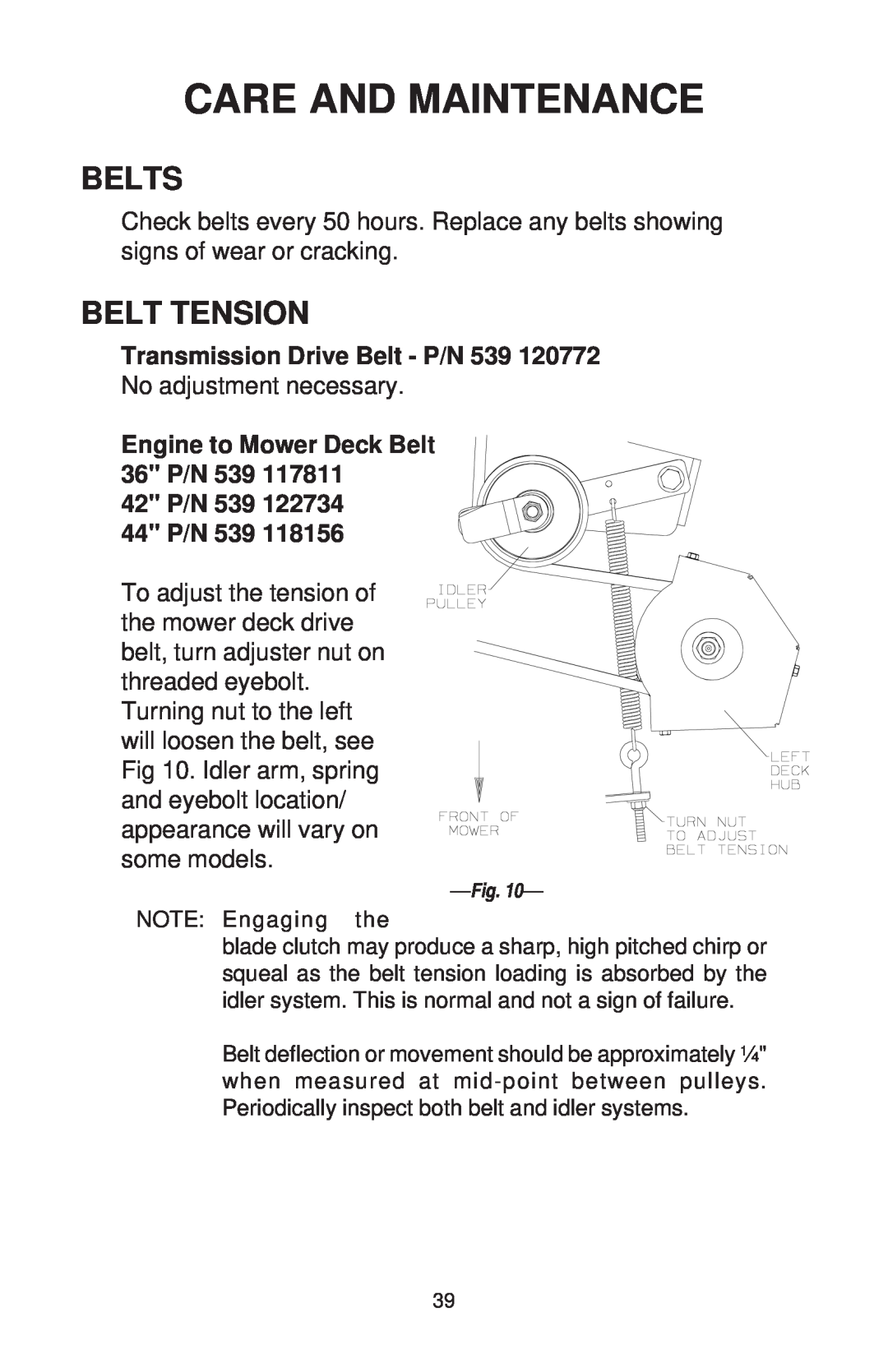 Dixon ZTR 44/968999538 manual Belts, Belt Tension, Care And Maintenance, Transmission Drive Belt - P/N 539, 44 P/N 539 