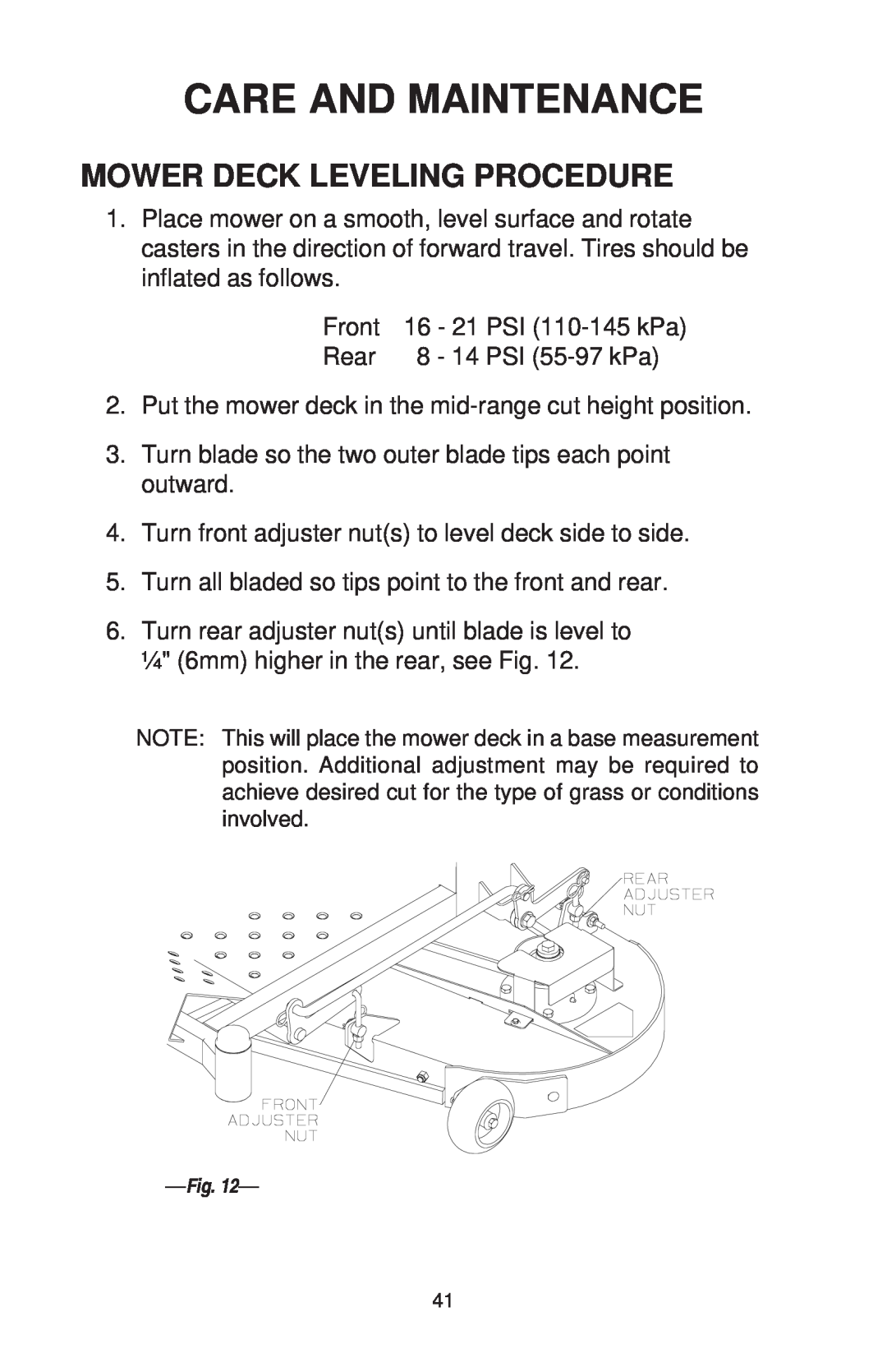 Dixon ZTR 44/968999538 manual Mower Deck Leveling Procedure, Care And Maintenance 