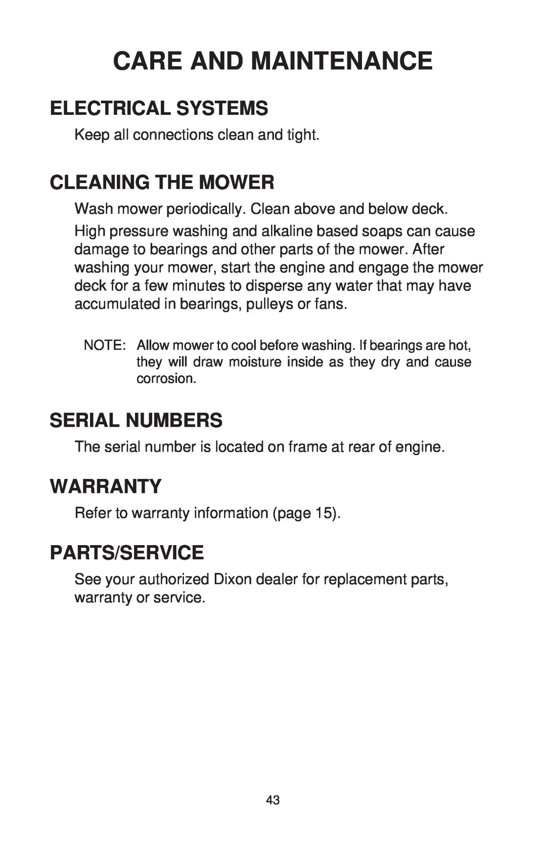 Dixon ZTR 44/968999538 manual Electrical Systems, Cleaning The Mower, Serial Numbers, Warranty, Parts/Service 