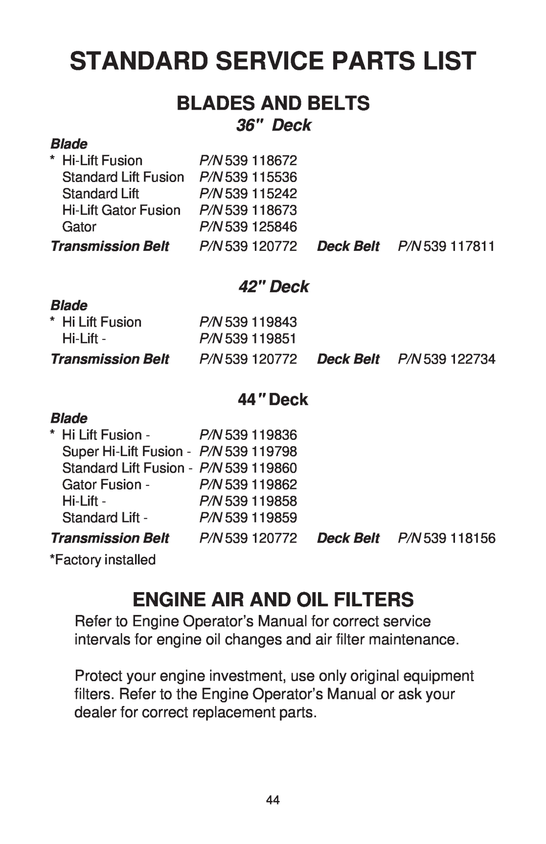 Dixon ZTR 44/968999538 manual Standard Service Parts List, Blades And Belts, Engine Air And Oil Filters, Deck 