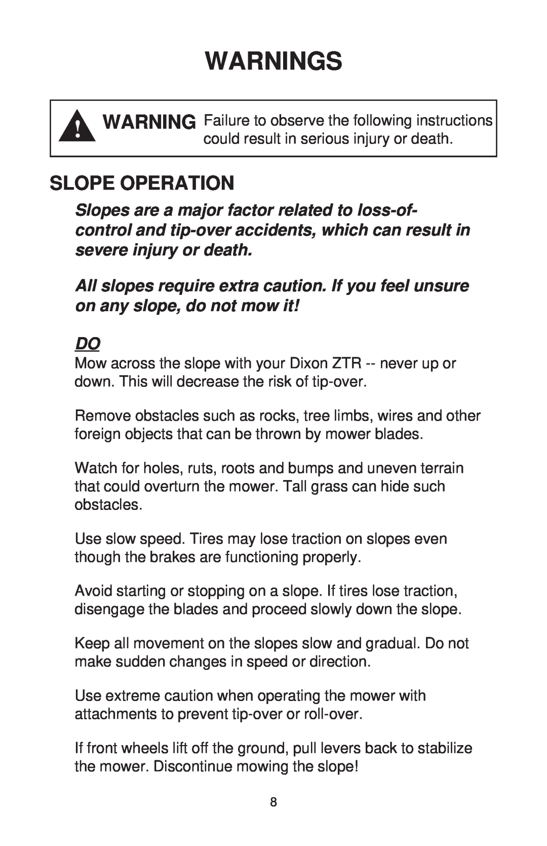Dixon ZTR 44/968999538 manual Slope Operation, Warnings 