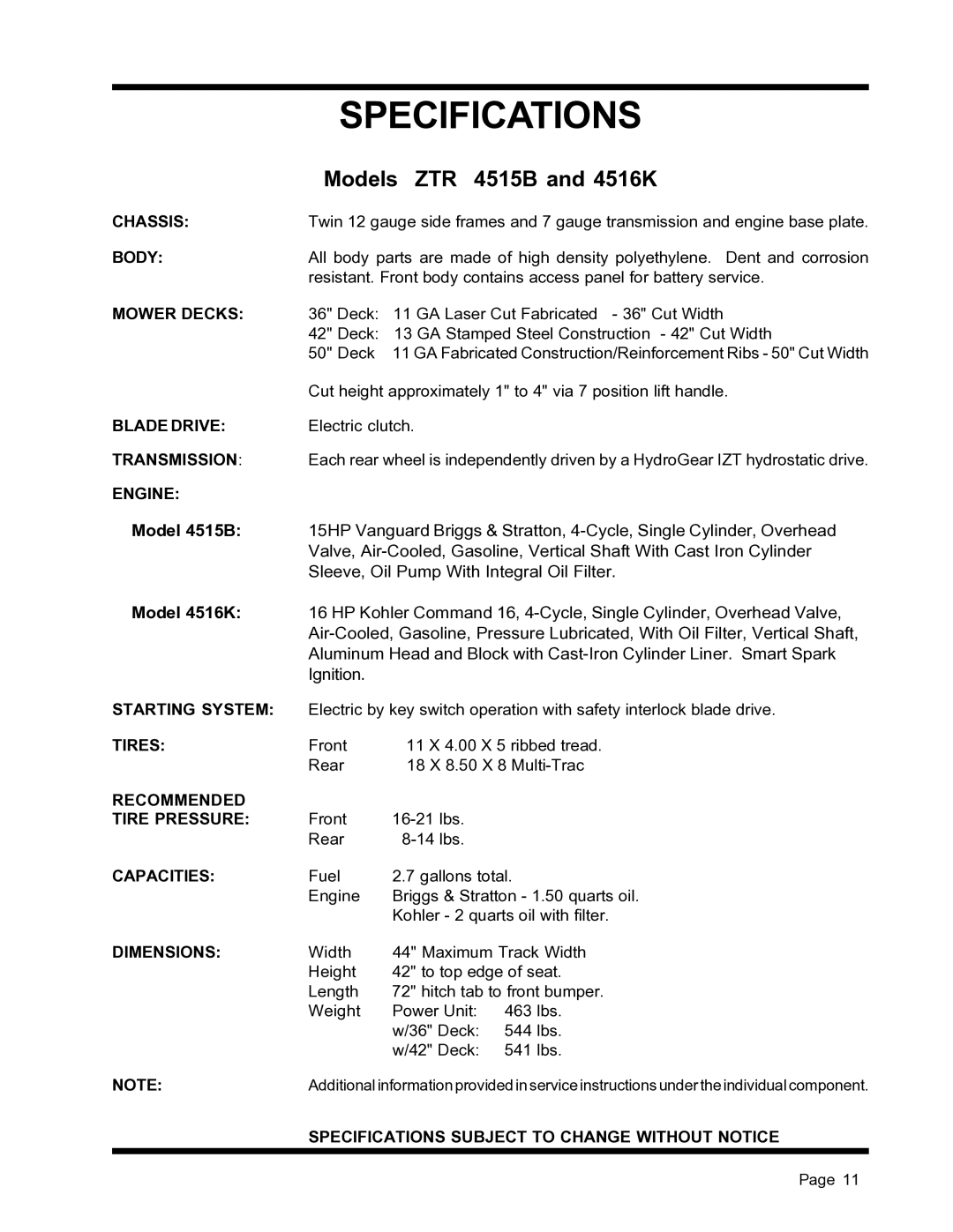 Dixon ZTR 4516K, ZTR 4515B manual Specifications 