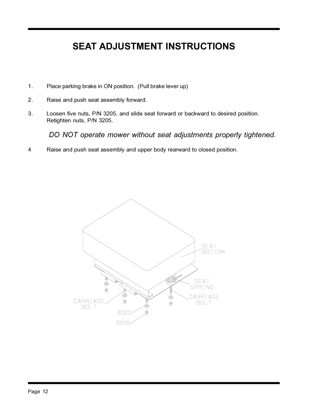 Dixon ZTR 4515B, ZTR 4516K manual Seat Adjustment Instructions 