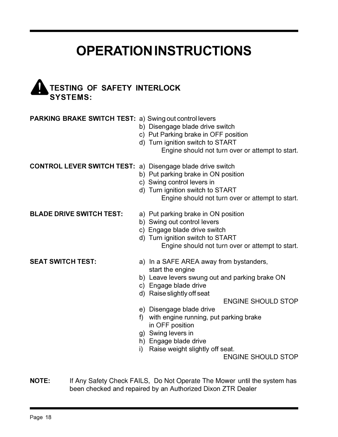 Dixon ZTR 4515B, ZTR 4516K manual Testing of Safety Interlock Systems, Blade Drive Switch Test 