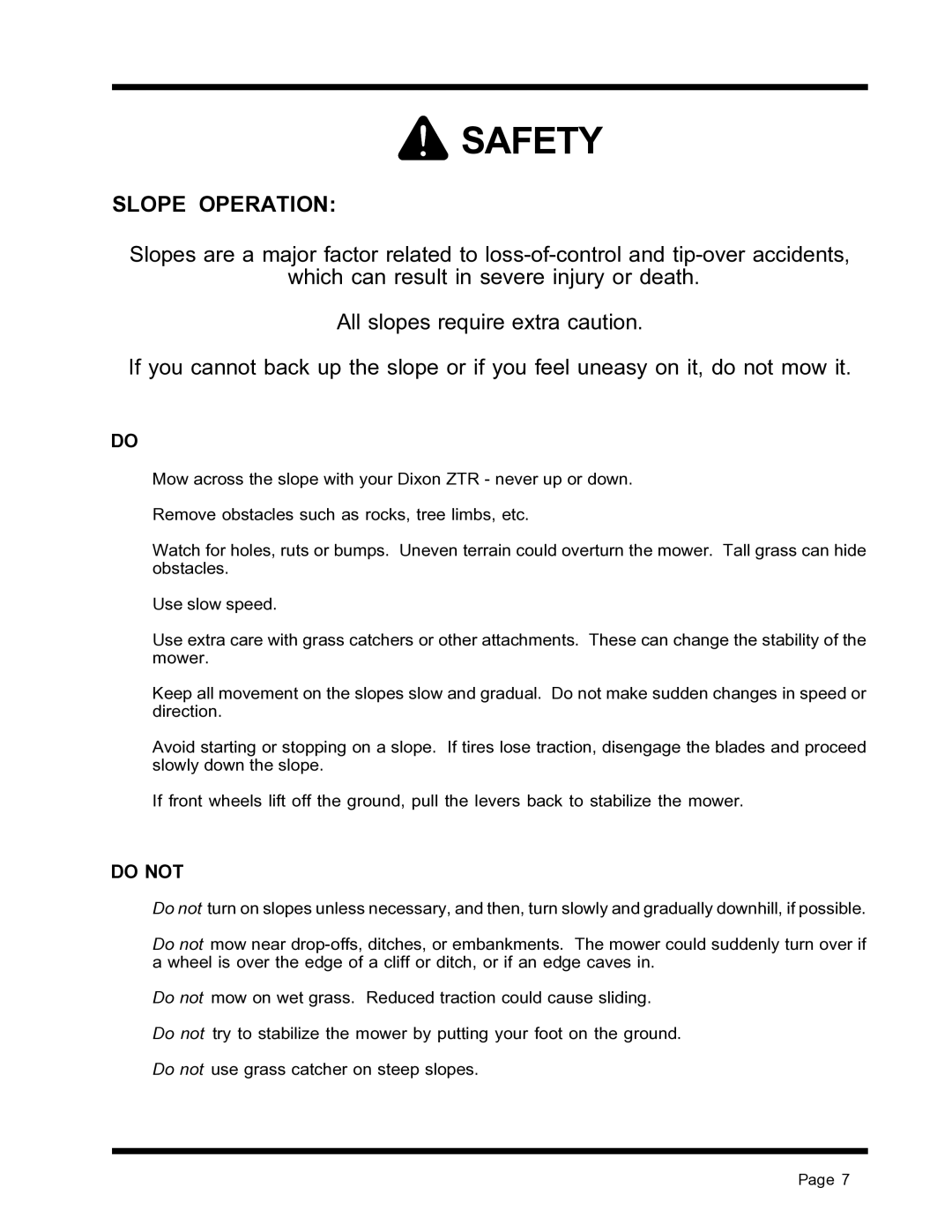 Dixon ZTR 4516K, ZTR 4515B manual Slope Operation, Do not 