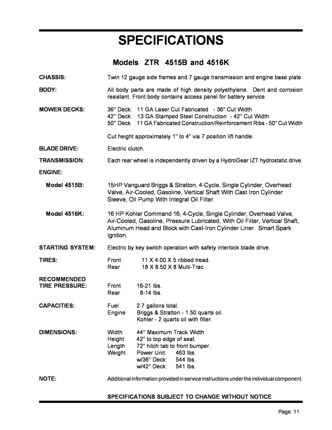 Dixon ZTR 4516K manual Specifications, Models ZTR 4515B and 4516K, Model 4515B, Model 4516K 