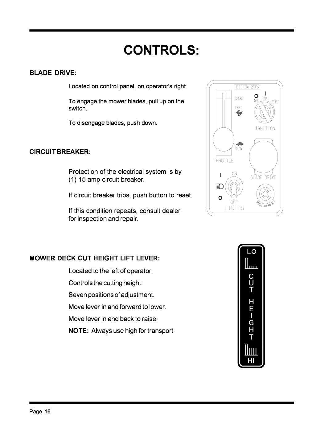 Dixon ZTR 4515B, ZTR 4516K manual Controls, Blade Drive, Circuit Breaker, Mower Deck Cut Height Lift Lever 