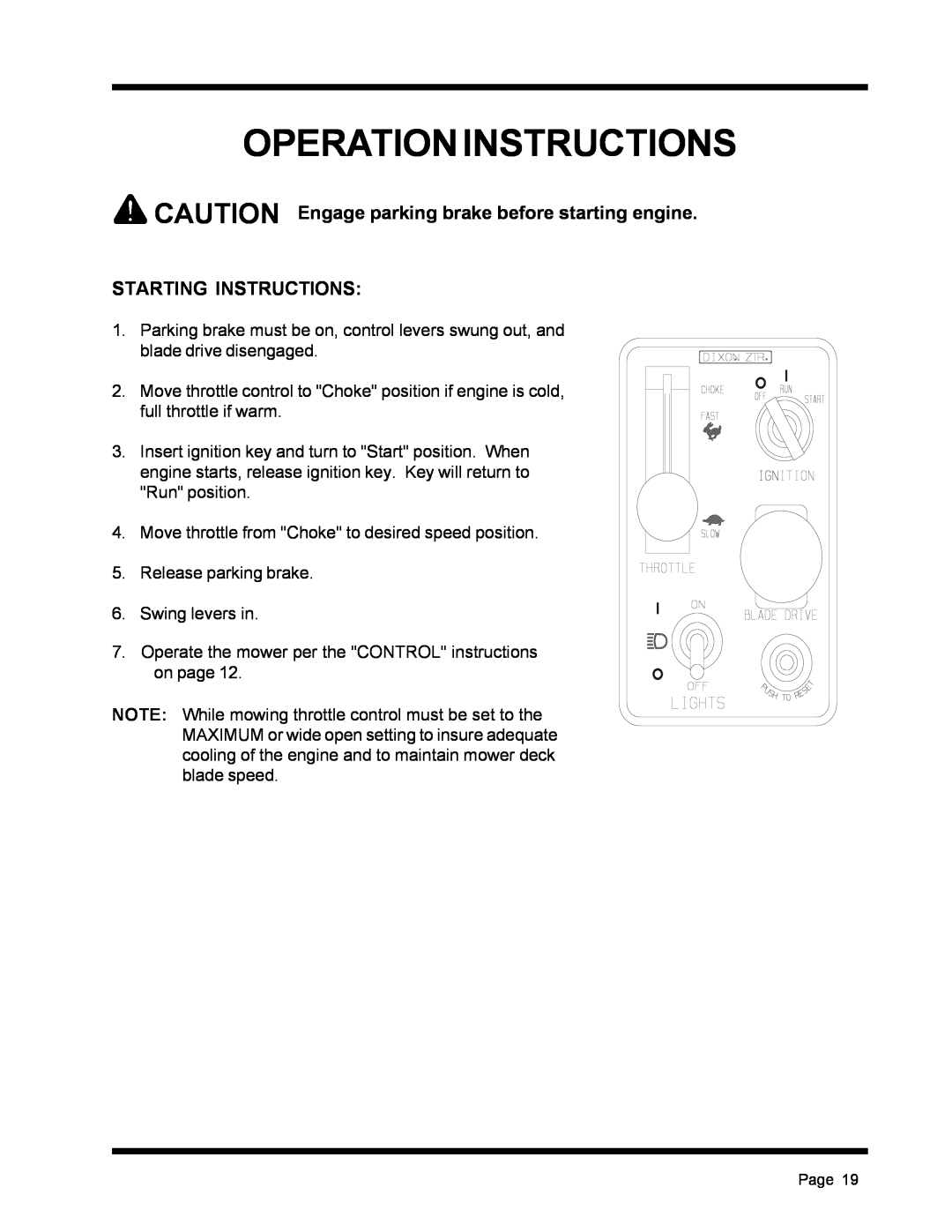 Dixon ZTR 4516K manual Operation Instructions, CAUTION Engage parking brake before starting engine, Starting Instructions 