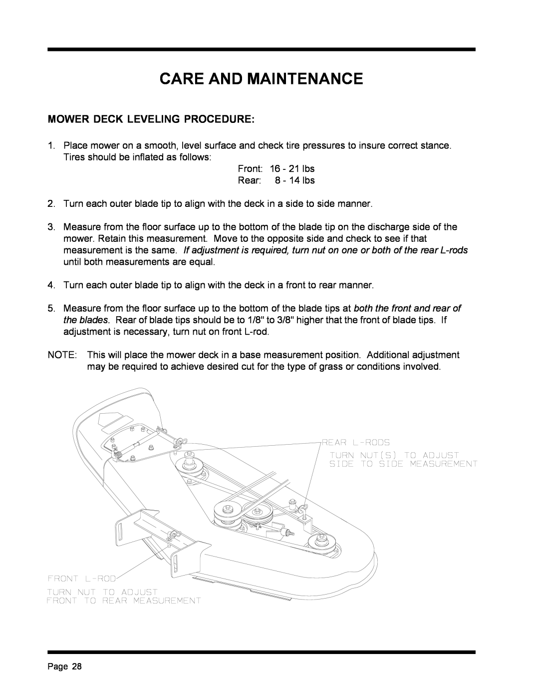 Dixon ZTR 4515B, ZTR 4516K manual Care And Maintenance, Mower Deck Leveling Procedure 