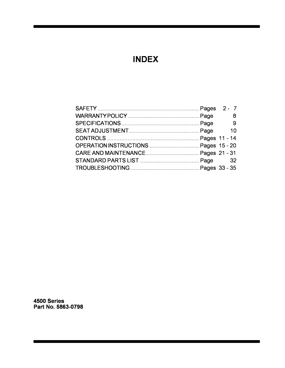 Dixon ZTR 4516K, ZTR 4515B manual Index, Series 