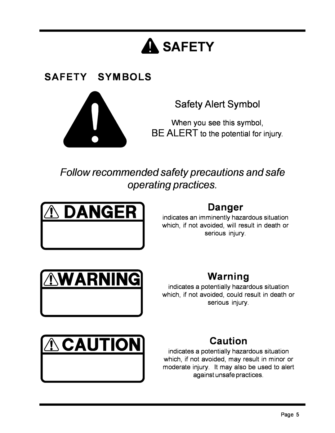 Dixon ZTR 4516K, ZTR 4515B manual Safety Symbols, Danger, Follow recommended safety precautions and safe operating practices 