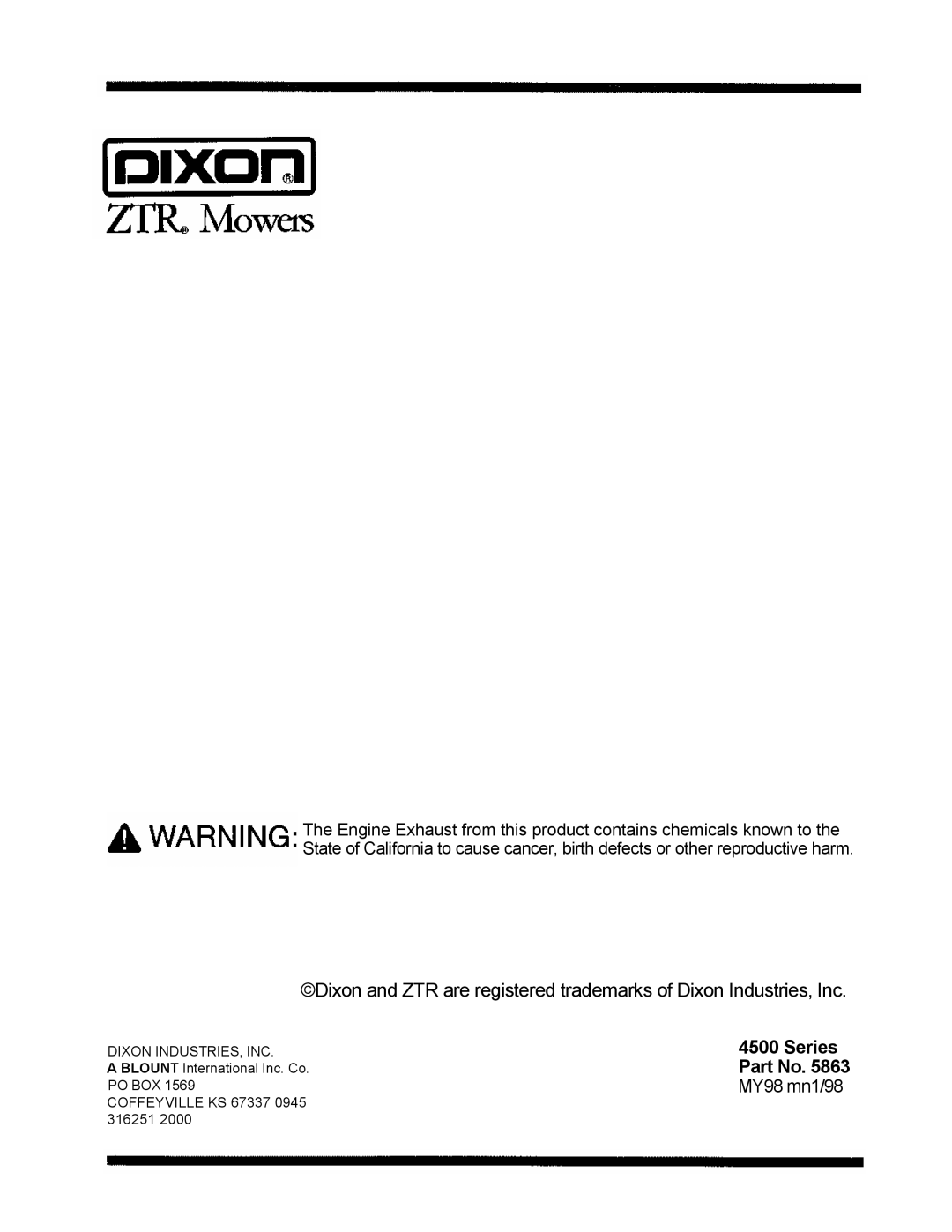 Dixon 1998, ZTR 4515K manual Series Part No 