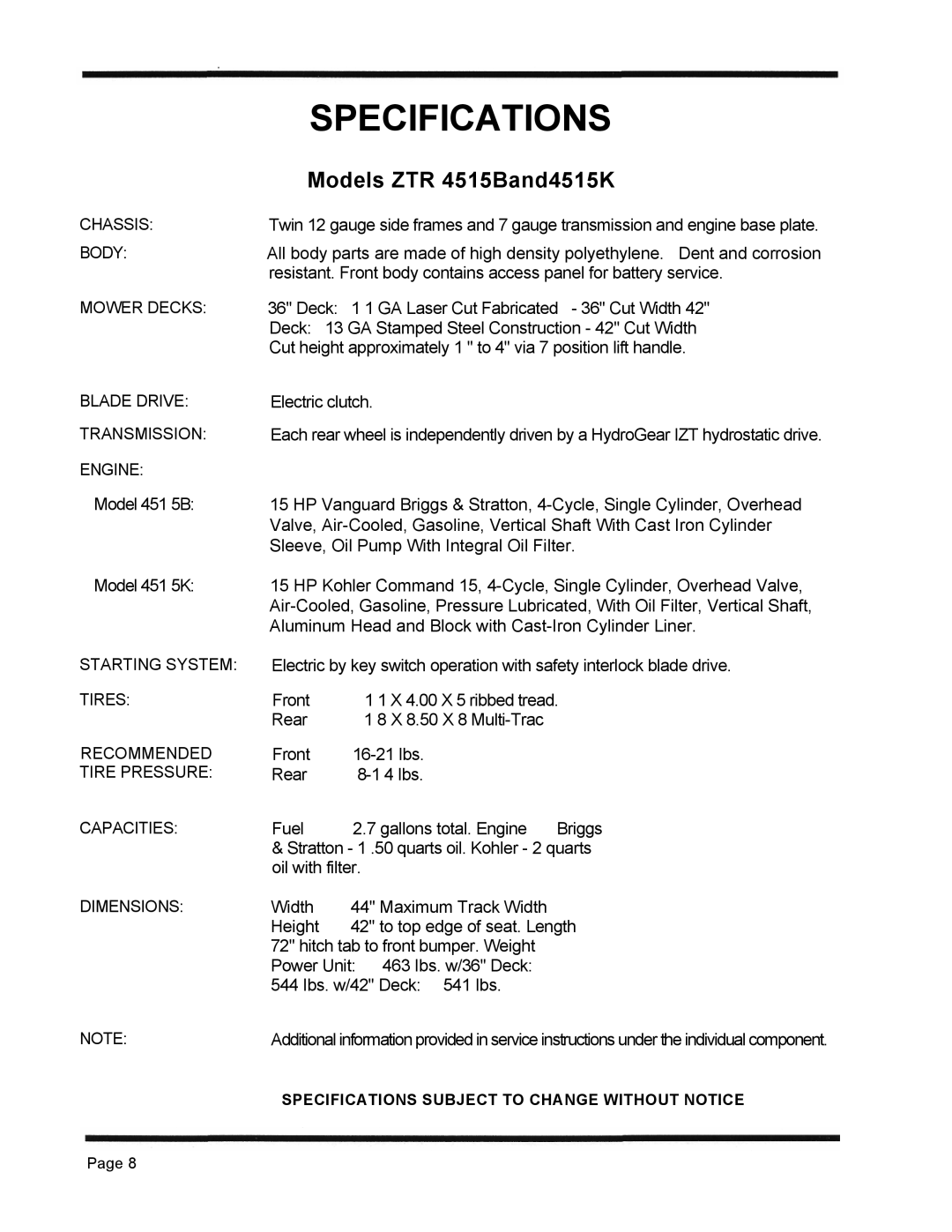 Dixon 1998, ZTR 4515K manual Specifications, Models ZTR 4515Band4515K 