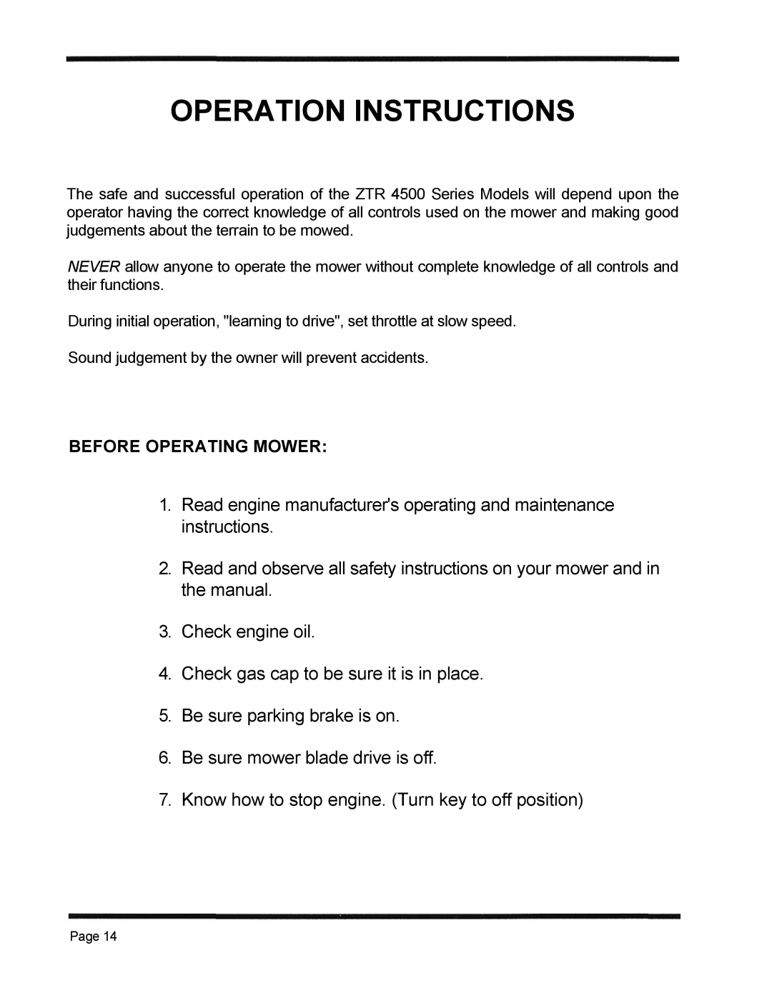 Dixon 1998, ZTR 4515K manual Operation Instructions 