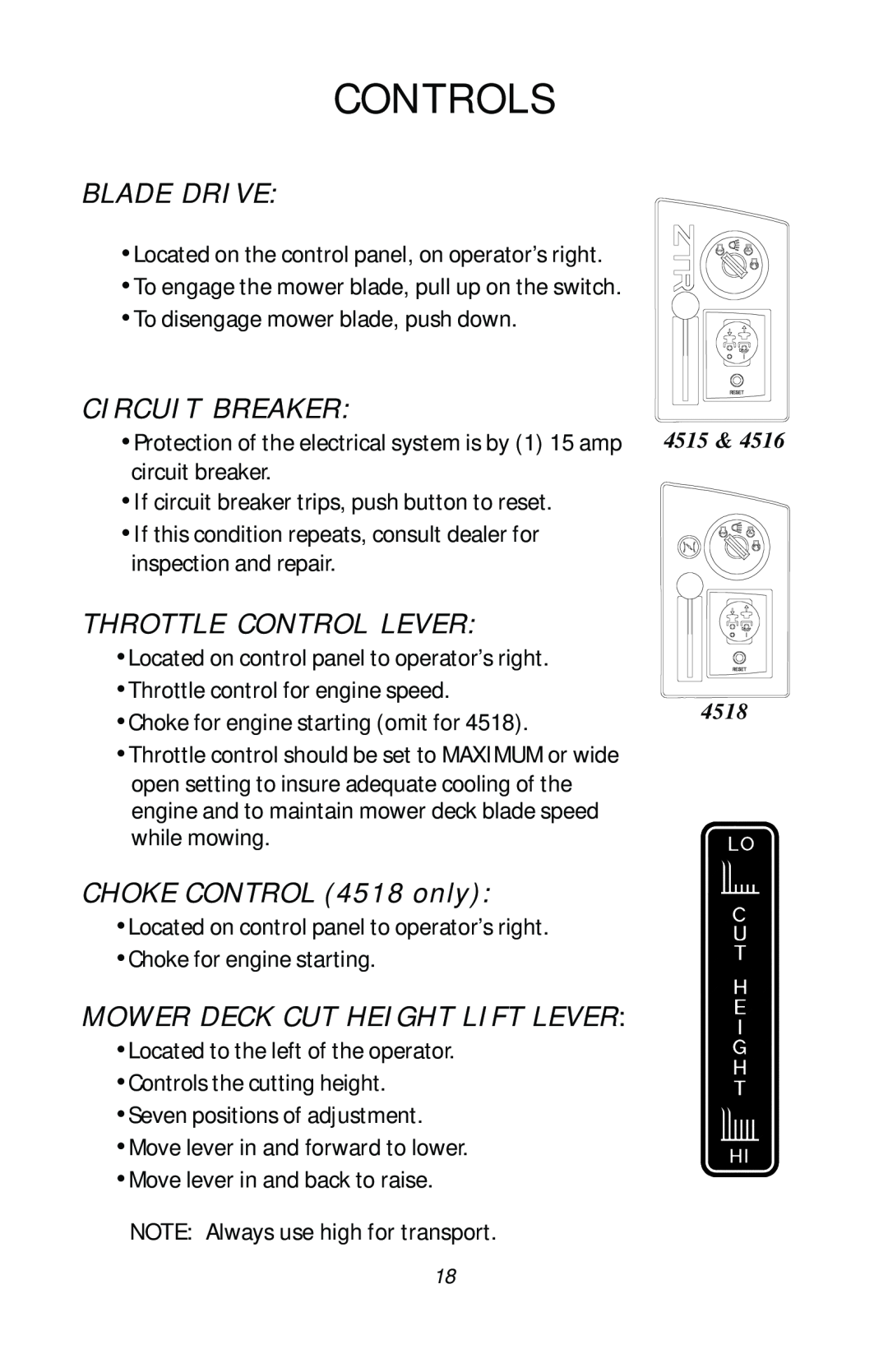 Dixon ZTR 4518, ZTR 4516 Controls, Blade Drive, Circuit Breaker, Throttle Control Lever, CHOKE CONTROL 4518 only, 4515 