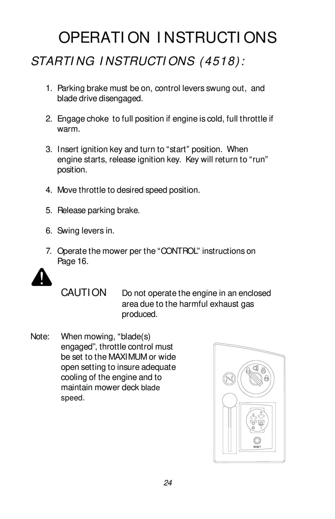 Dixon ZTR 4516, ZTR 4515, ZTR 4518, 13782-0503 manual Starting Instructions, Operation Instructions, speed 