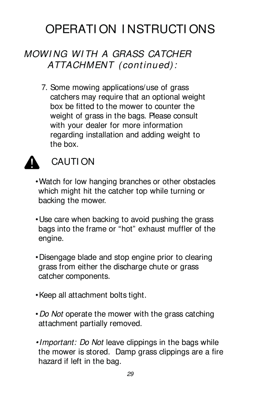 Dixon ZTR 4515, ZTR 4516, ZTR 4518, 13782-0503 manual MOWING WITH A GRASS CATCHER ATTACHMENT continued, Operation Instructions 