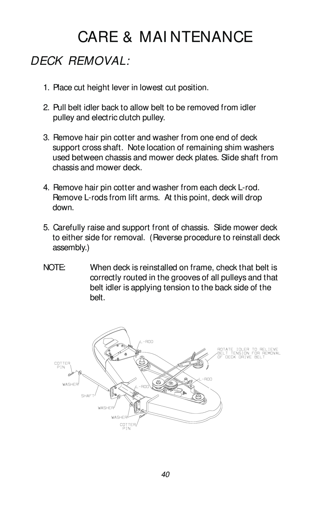 Dixon ZTR 4516, ZTR 4515, ZTR 4518, 13782-0503 manual Deck Removal, Care & Maintenance 