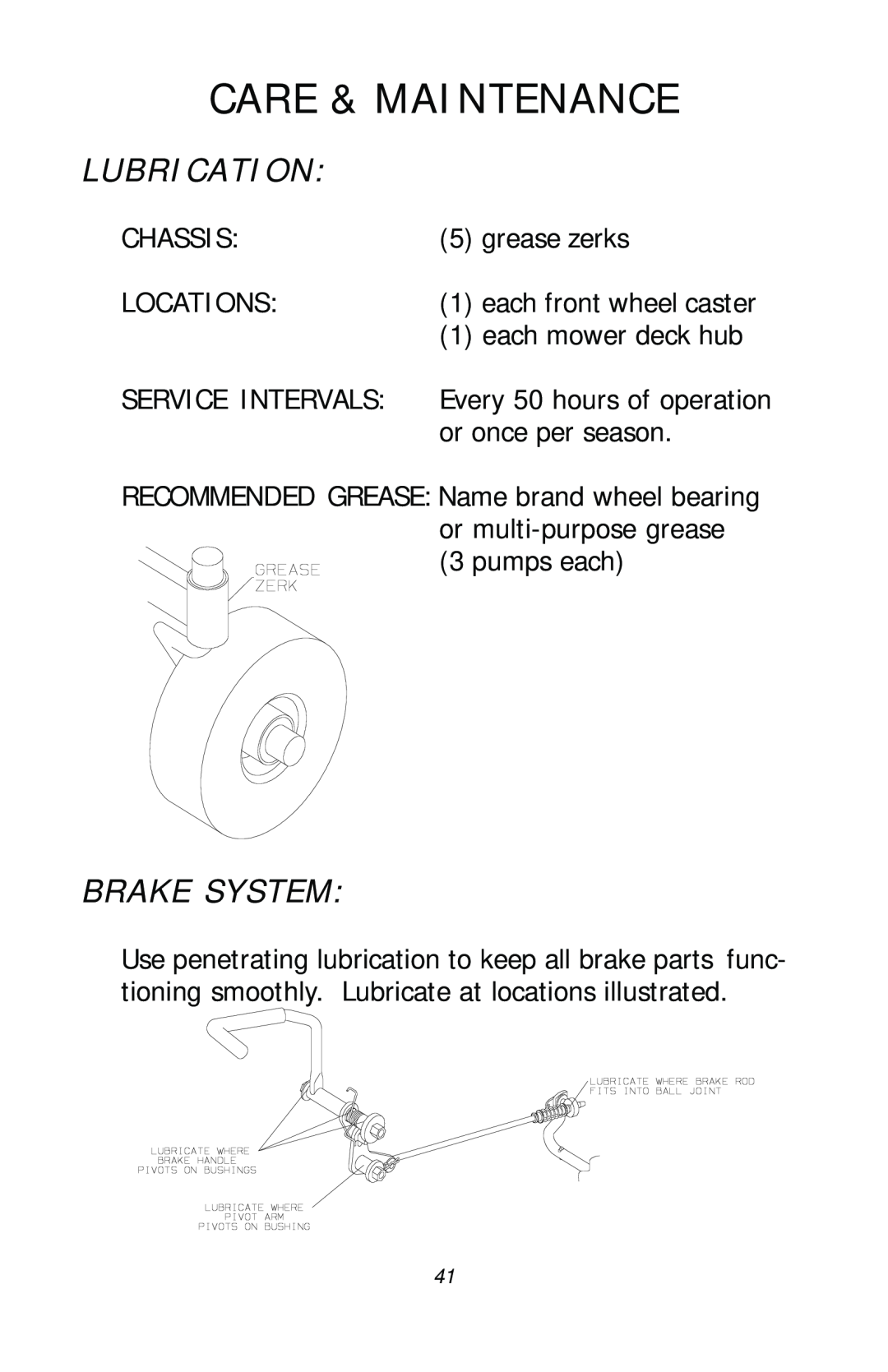 Dixon ZTR 4515, ZTR 4516, ZTR 4518, 13782-0503 manual Lubrication, Brake System, Care & Maintenance 