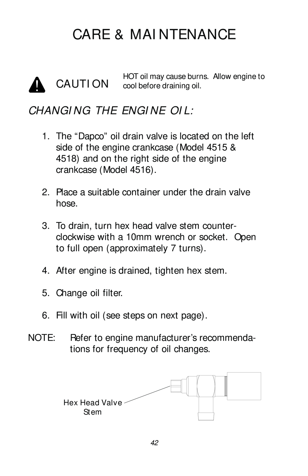 Dixon ZTR 4518, ZTR 4516, ZTR 4515, 13782-0503 manual Changing The Engine Oil, Care & Maintenance 
