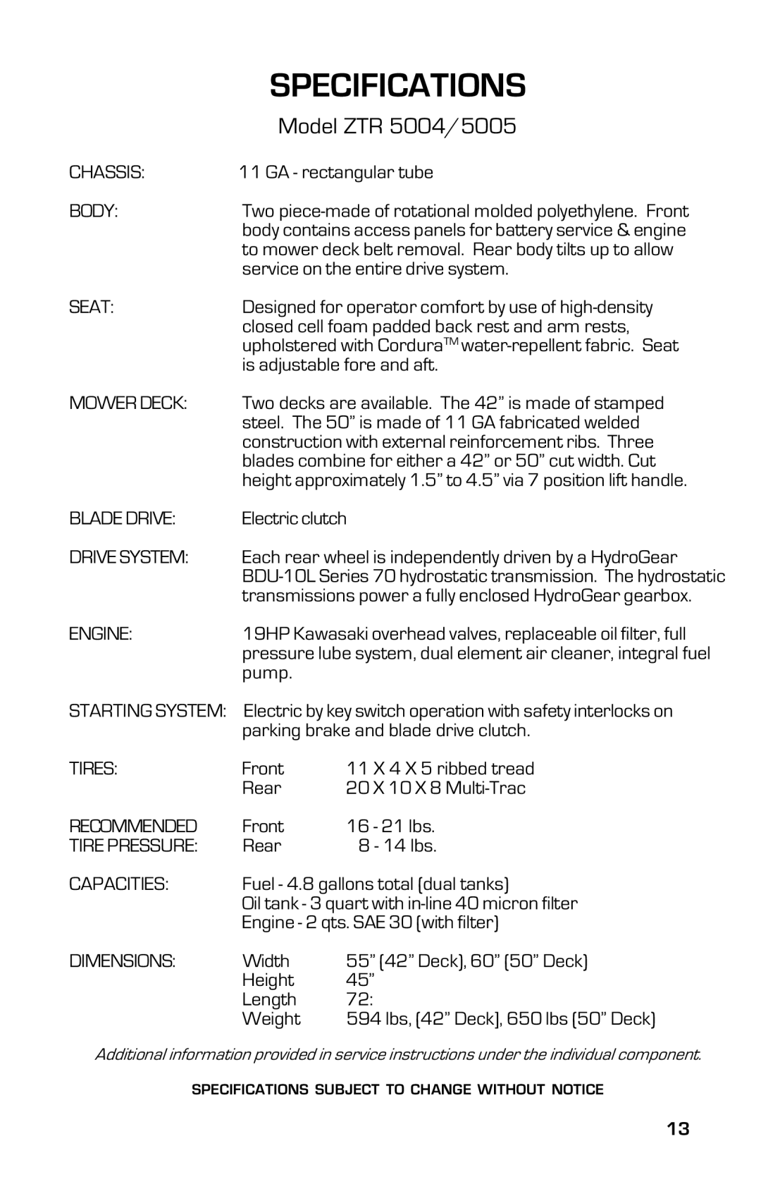 Dixon ZTR 5004, ZTR 5005 manual Specifications 