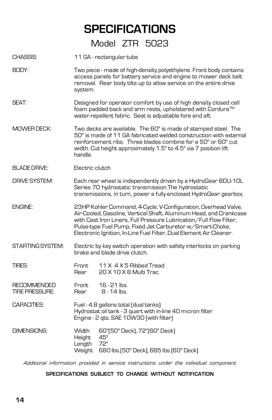 Dixon ZTR 5005, ZTR 5004 manual Specifications, Model ZTR 