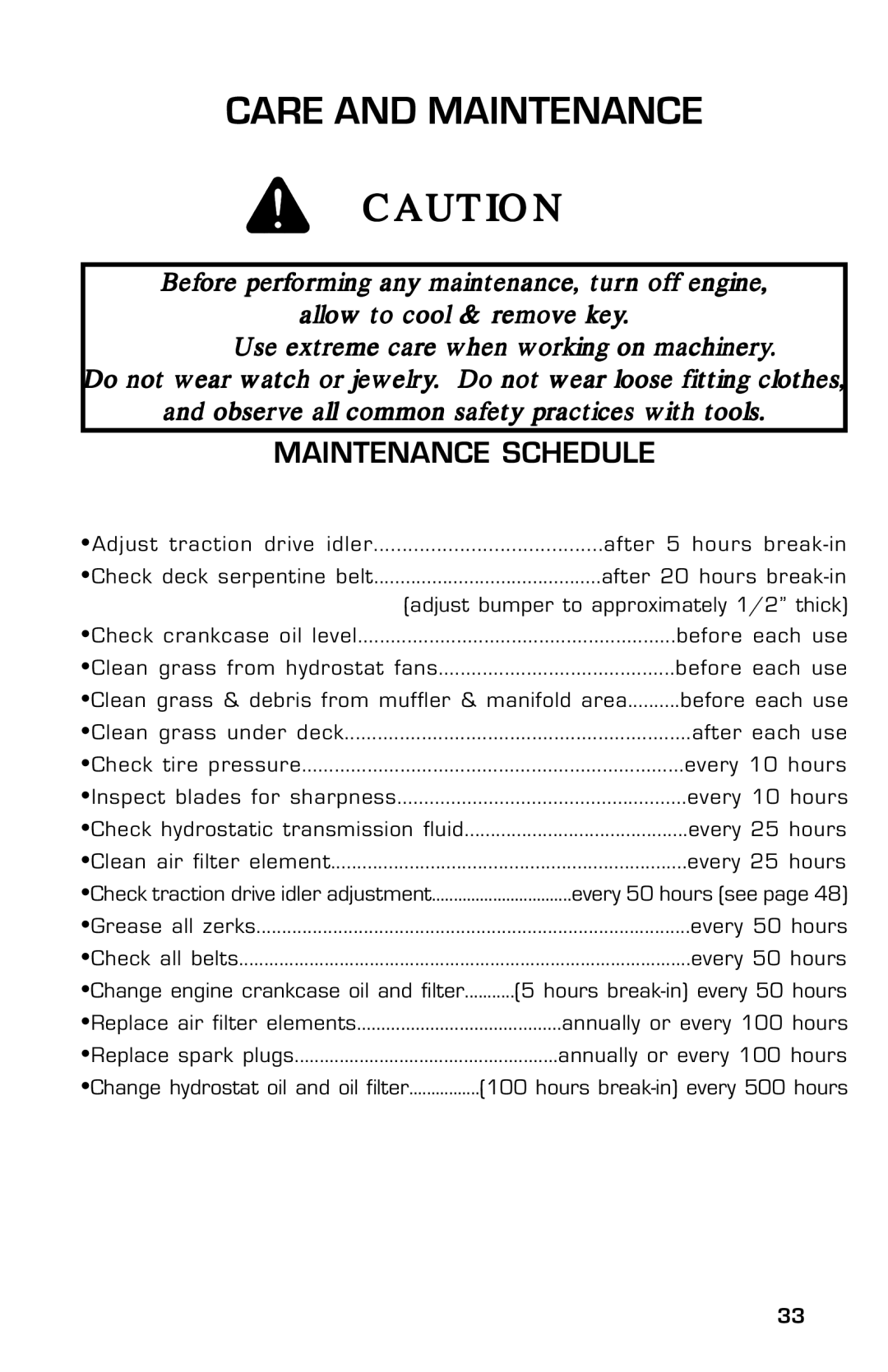 Dixon ZTR 5004, ZTR 5005 manual Care and Maintenance, Maintenance Schedule 