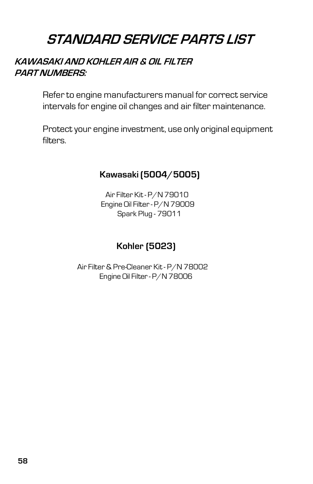 Dixon ZTR 5005, ZTR 5004 manual Kawasaki and Kohler AIR & OIL Filter Part Numbers 