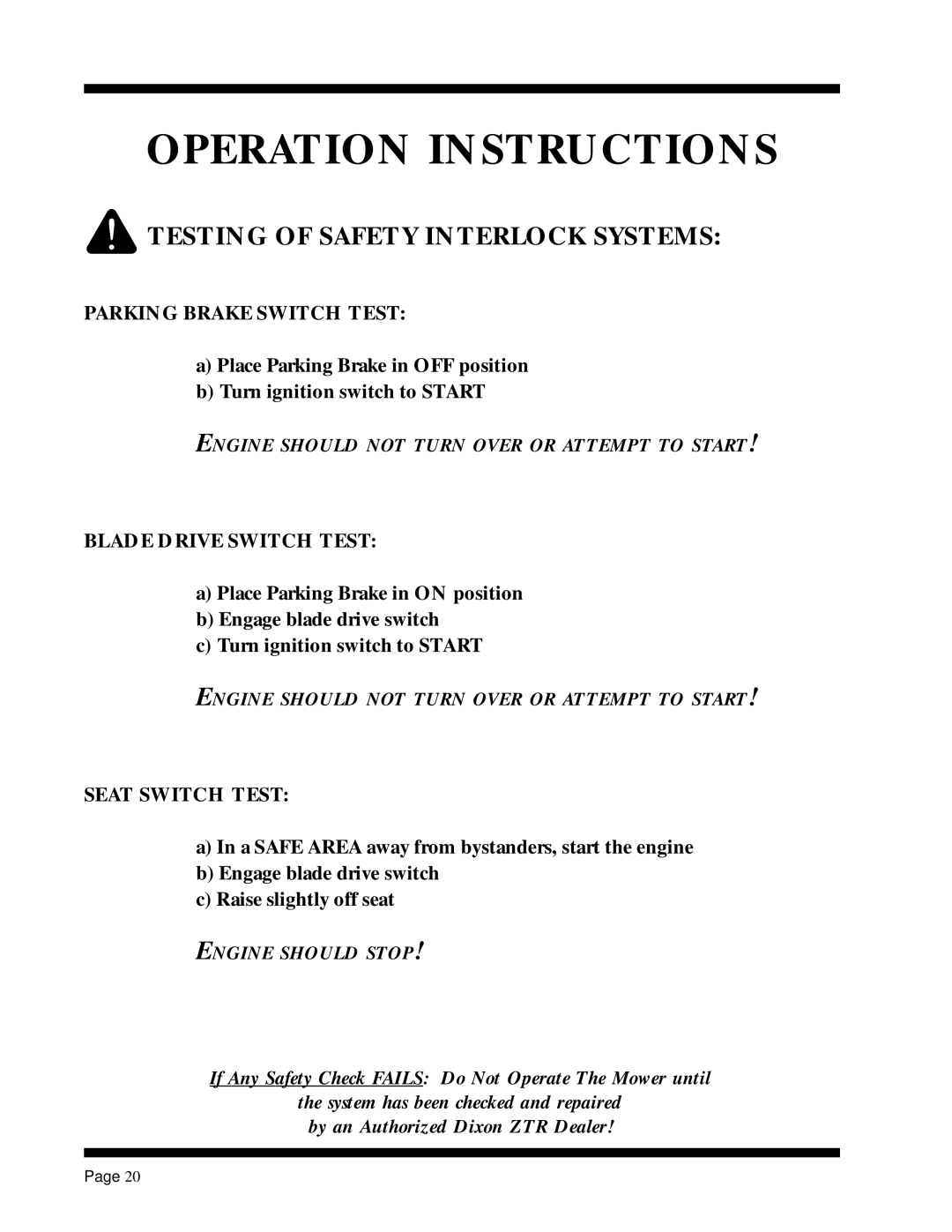 Dixon ZTR 5017Twin manual Parking Brake Switch Test, Blade Drive Switch Test, Seat Switch Test 