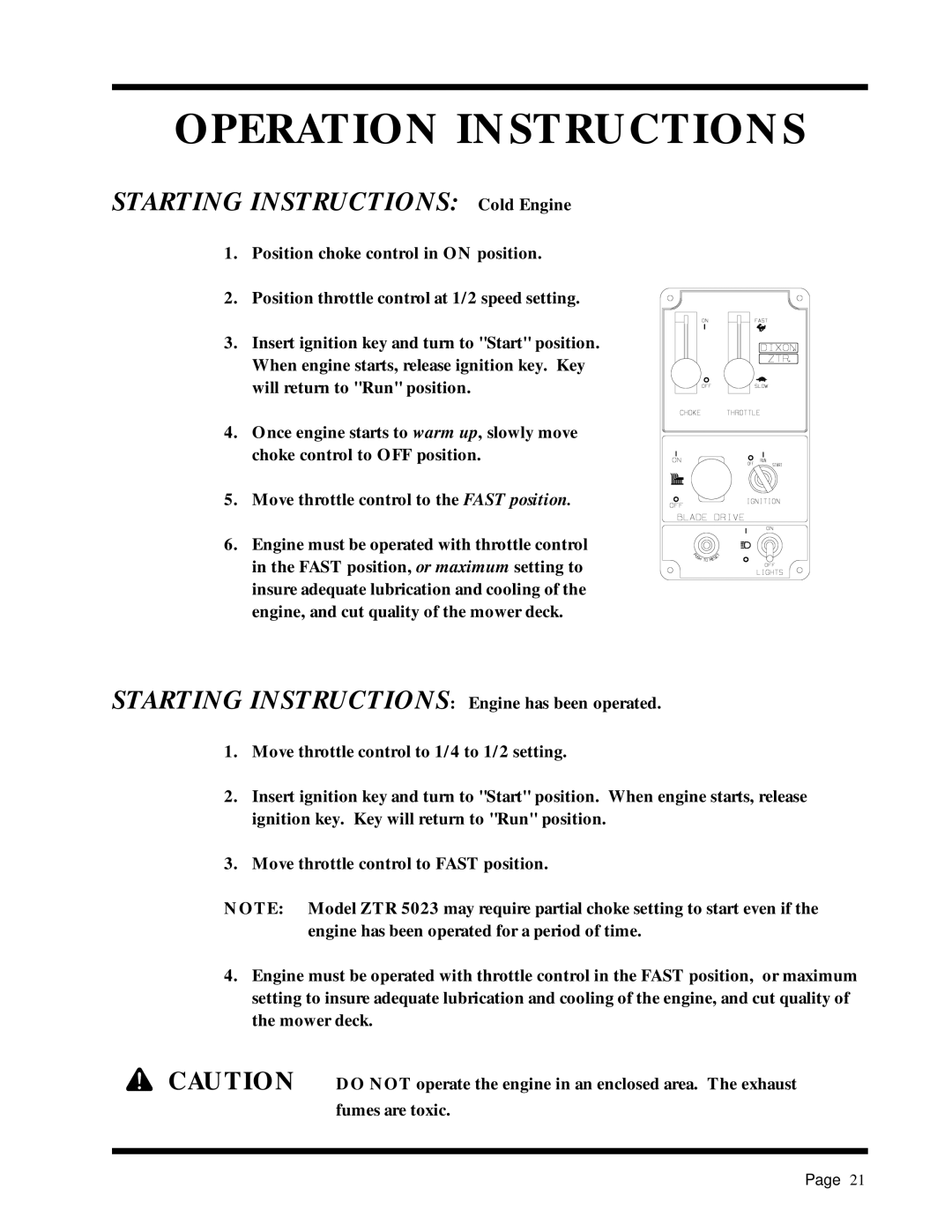 Dixon ZTR 5017Twin manual Starting Instructions Cold Engine 