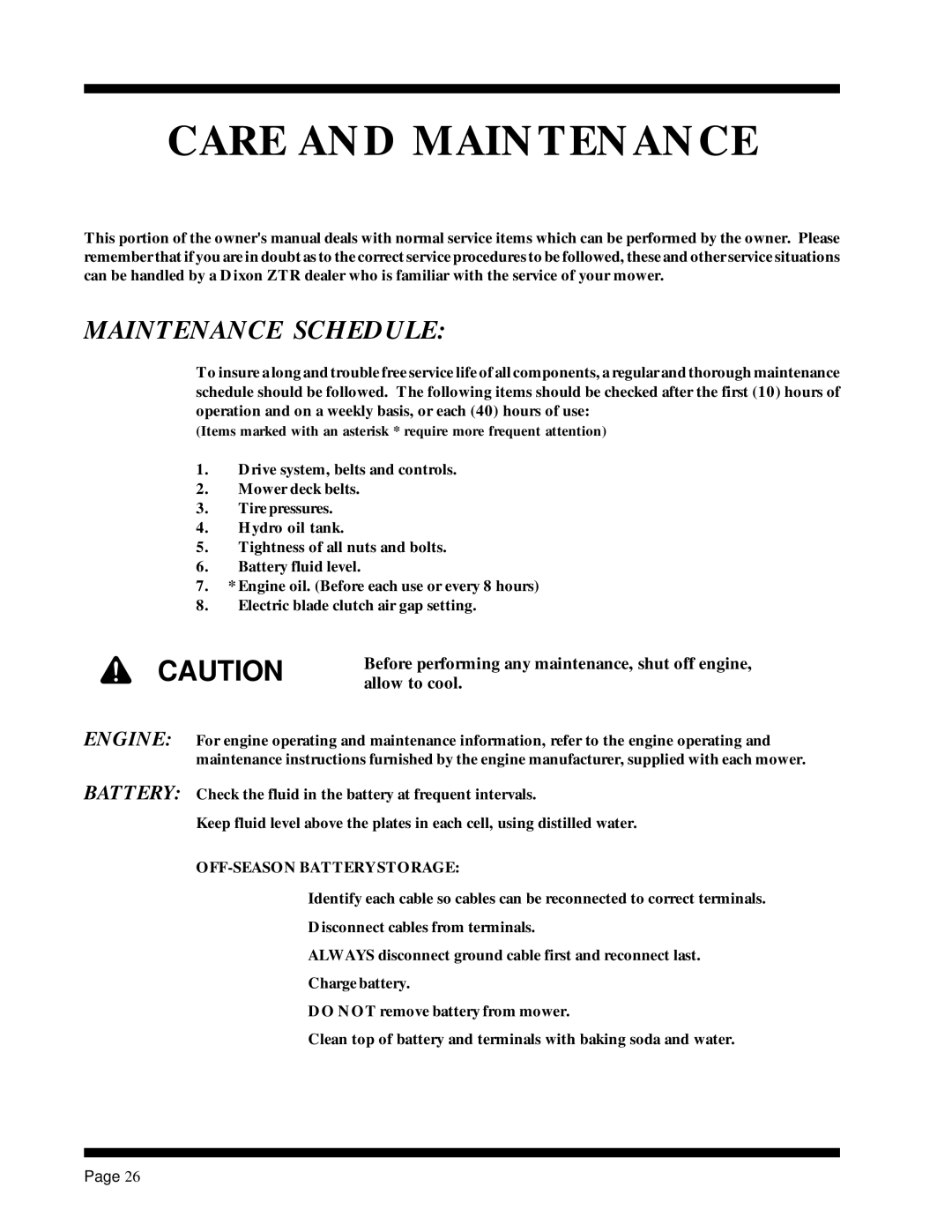 Dixon ZTR 5017Twin manual Care and Maintenance, Maintenance Schedule 