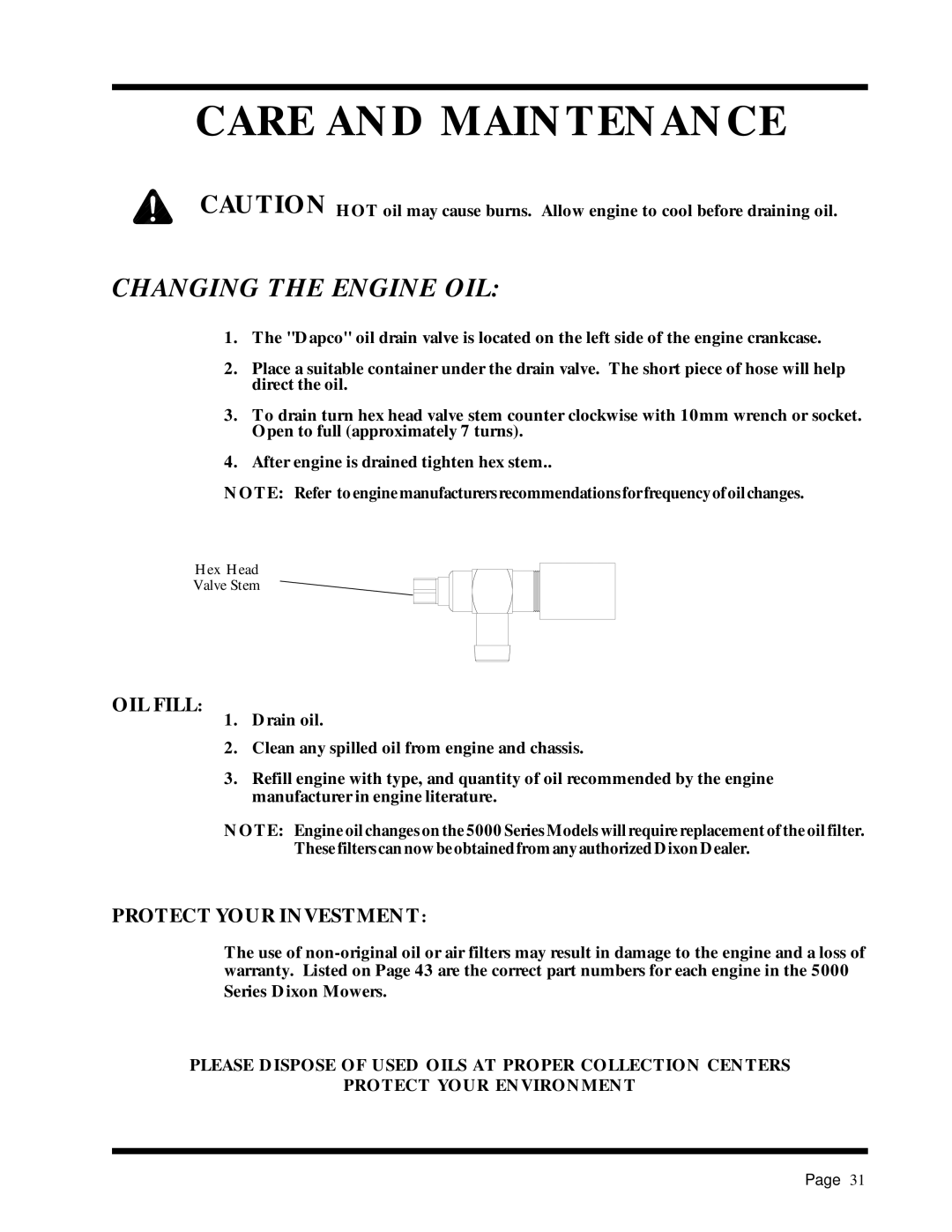 Dixon ZTR 5017Twin manual Changing the Engine OIL, OIL Fill, Protect Your Investment 