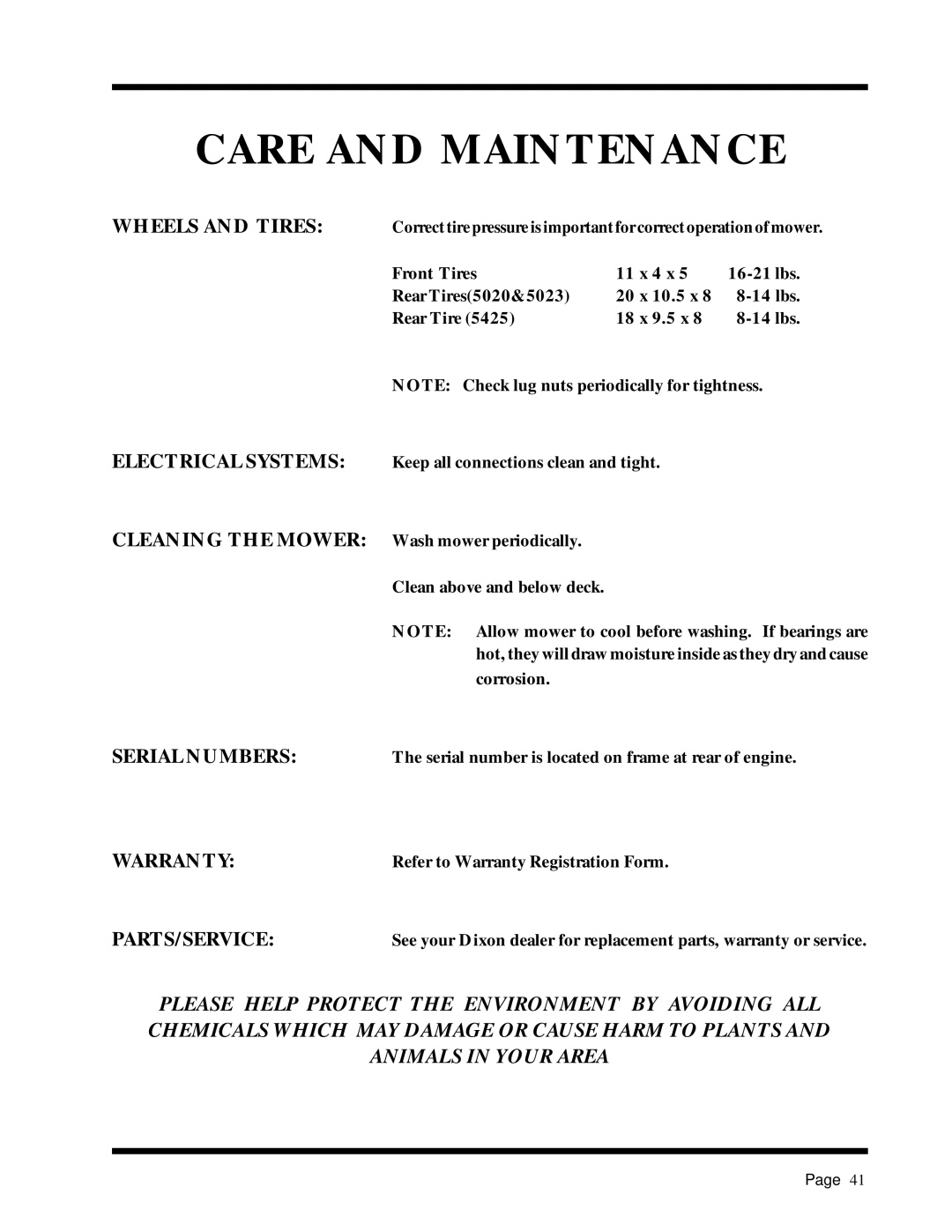 Dixon ZTR 5017Twin manual Wheels and Tires, Electrical Systems Cleaning the Mower, Serial Numbers Warranty PARTS/SERVICE 