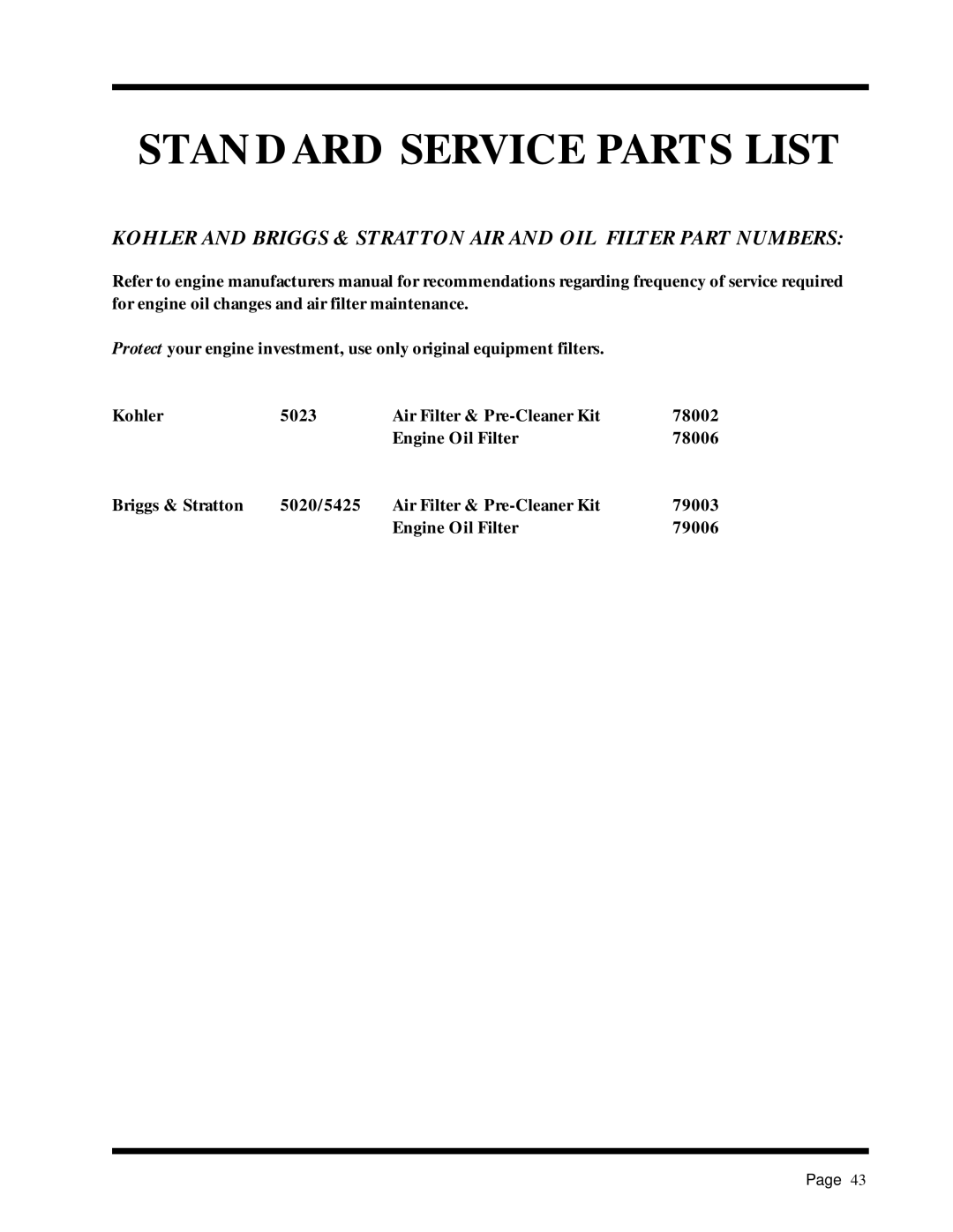 Dixon ZTR 5017Twin manual Kohler and Briggs & Stratton AIR and OIL Filter Part Numbers 